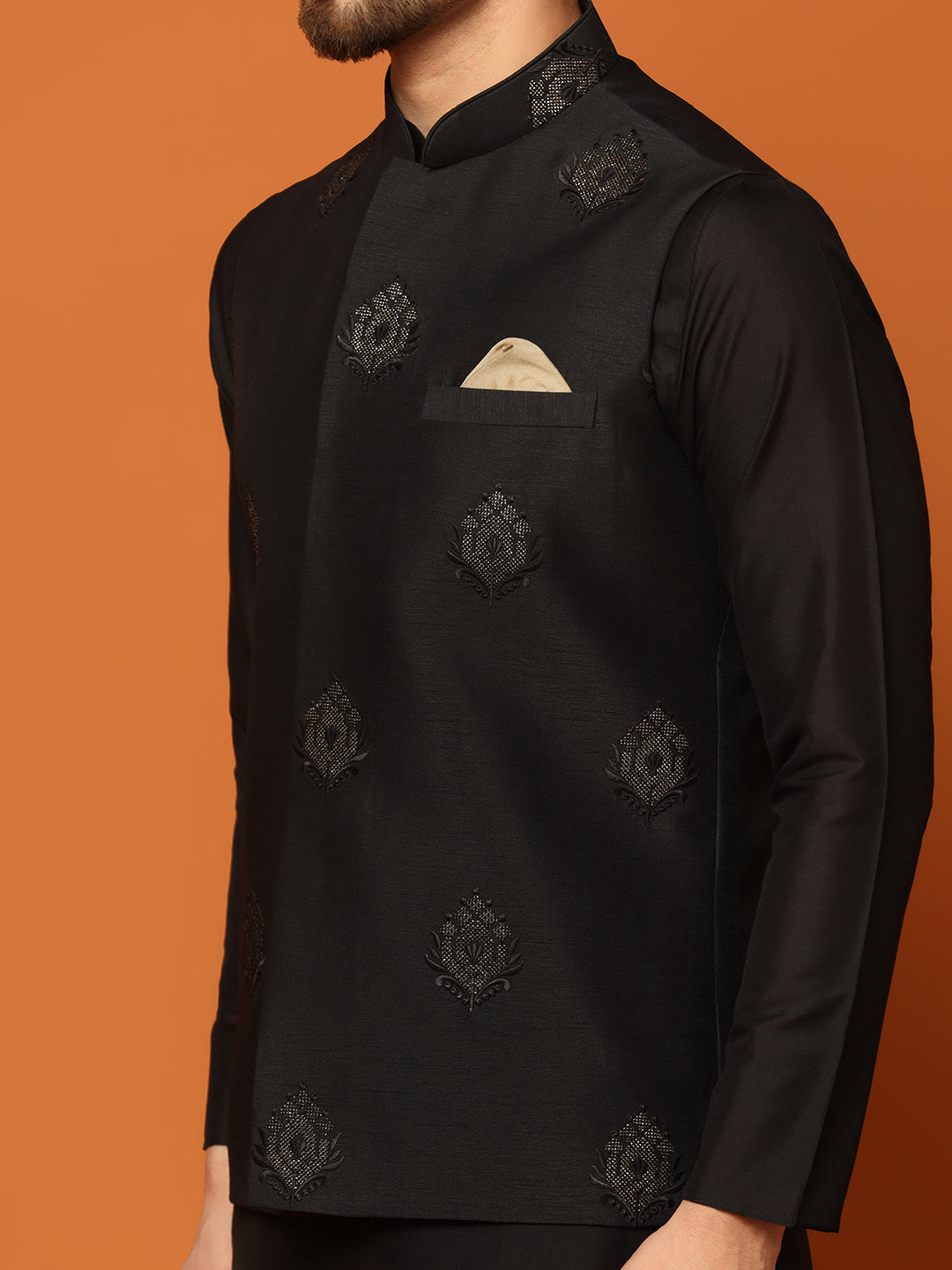 Kisah Men Black Embroidered Nehru Jacket | Swadesiicart
