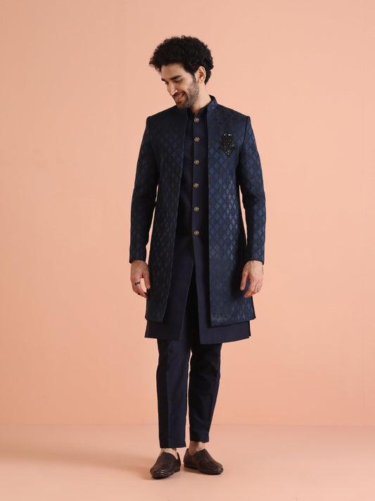 Kisah Men's Navy Blue Ethnic Motifs Long Jacket with Indo-Western Trouser Set | Swadesiicart
