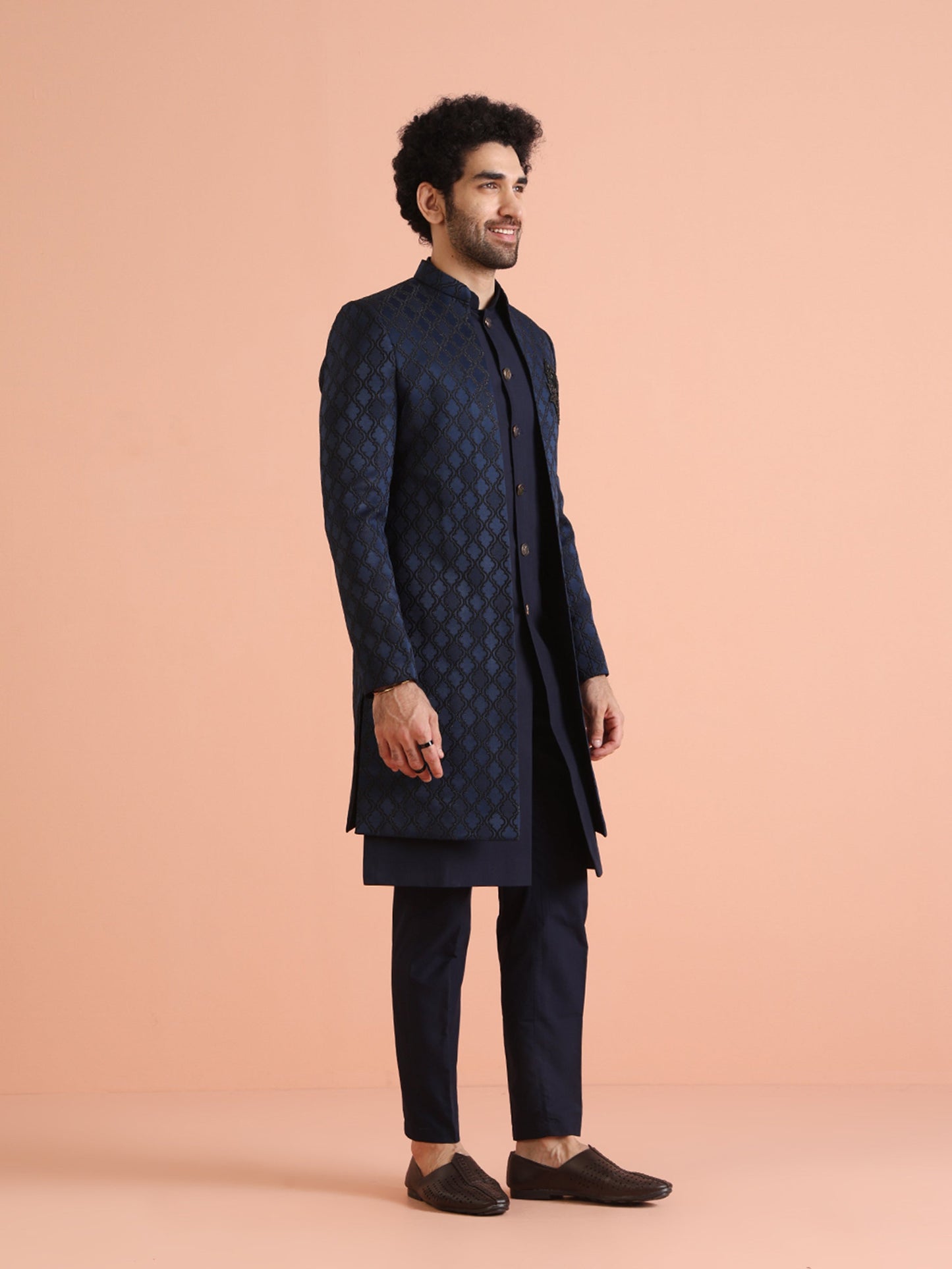 Kisah Men's Navy Blue Ethnic Motifs Long Jacket with Indo-Western Trouser Set | Swadesiicart