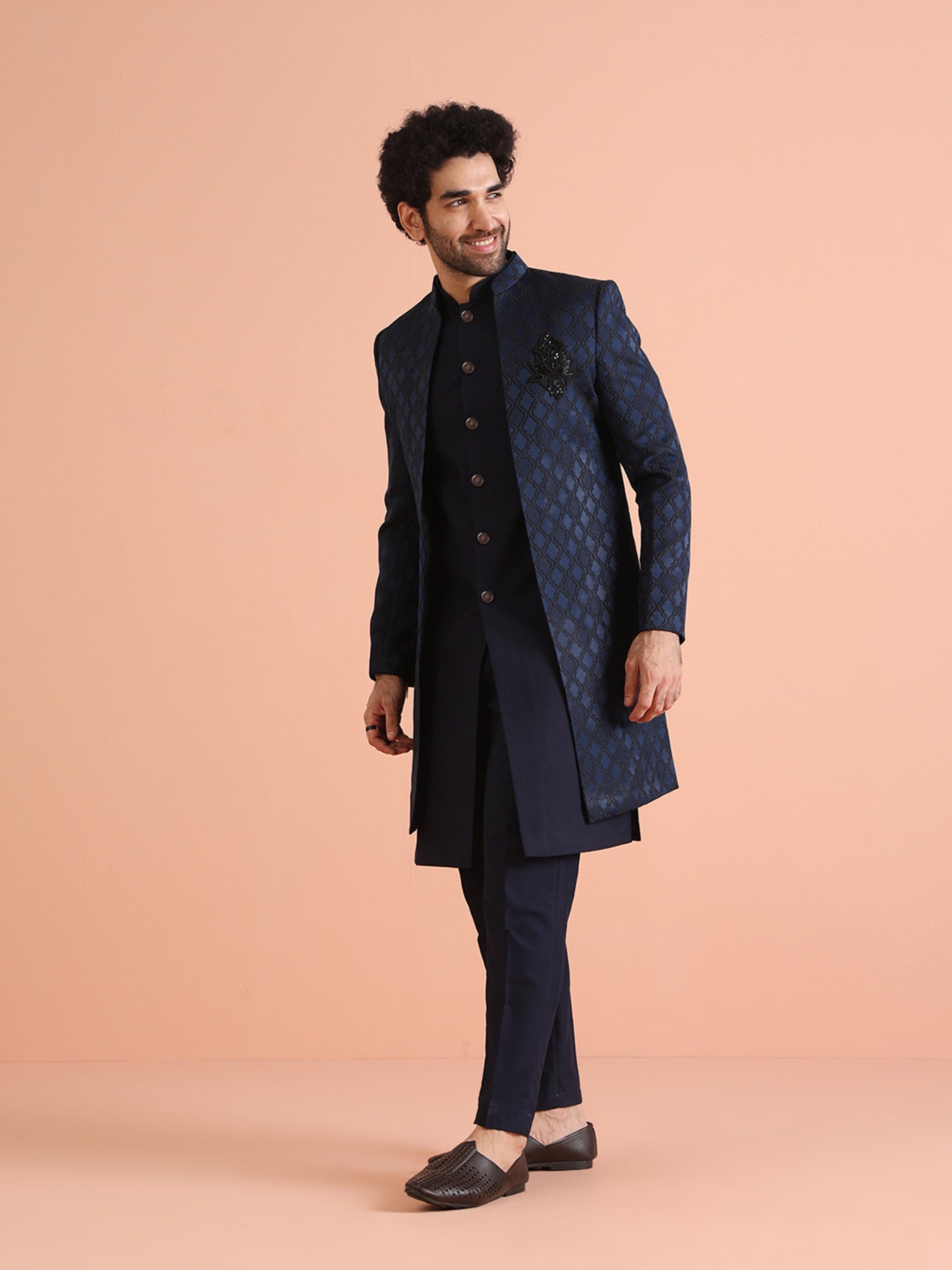 Kisah Men's Navy Blue Ethnic Motifs Long Jacket with Indo-Western Trouser Set | Swadesiicart