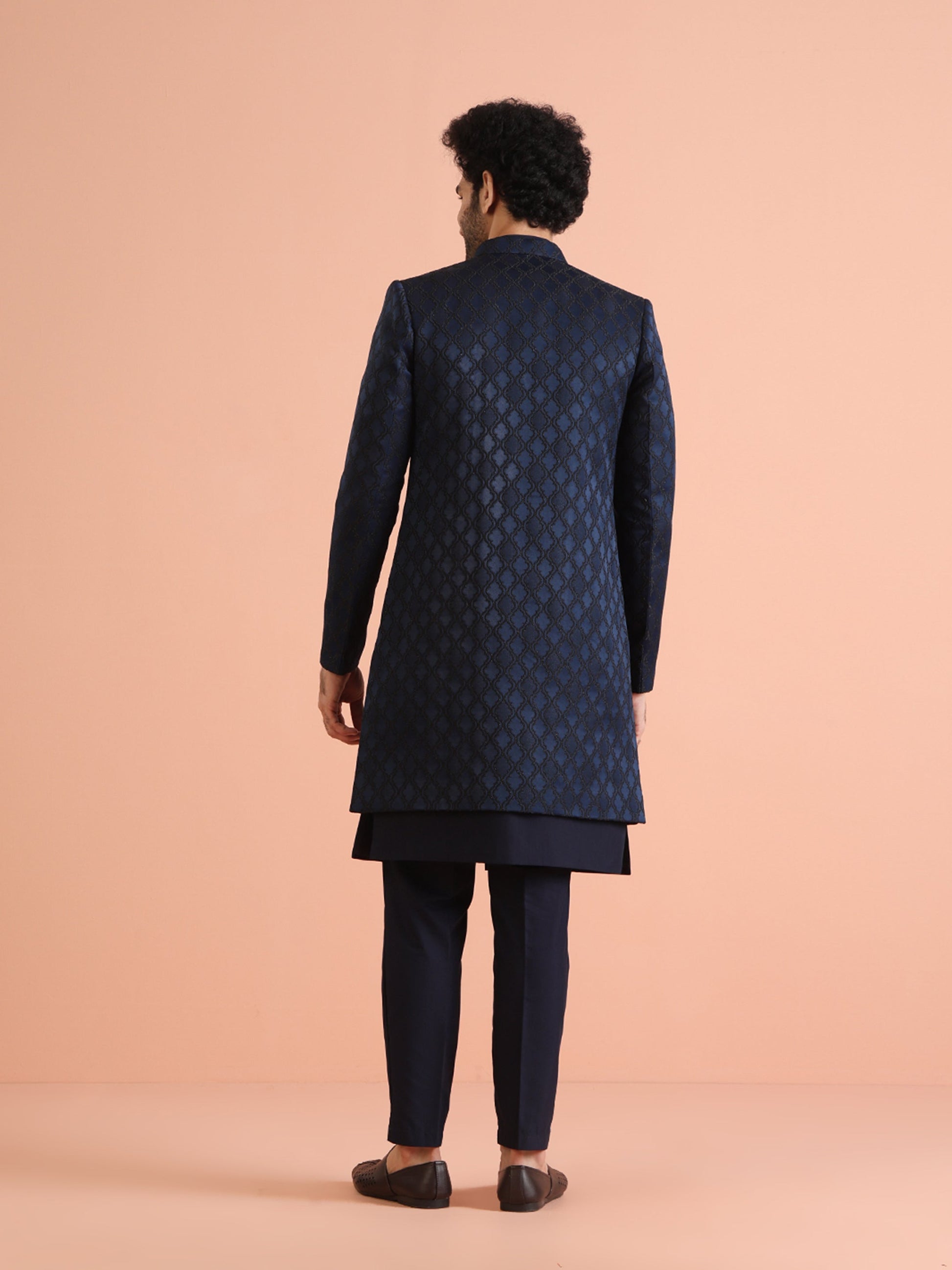Kisah Men's Navy Blue Ethnic Motifs Long Jacket with Indo-Western Trouser Set | Swadesiicart