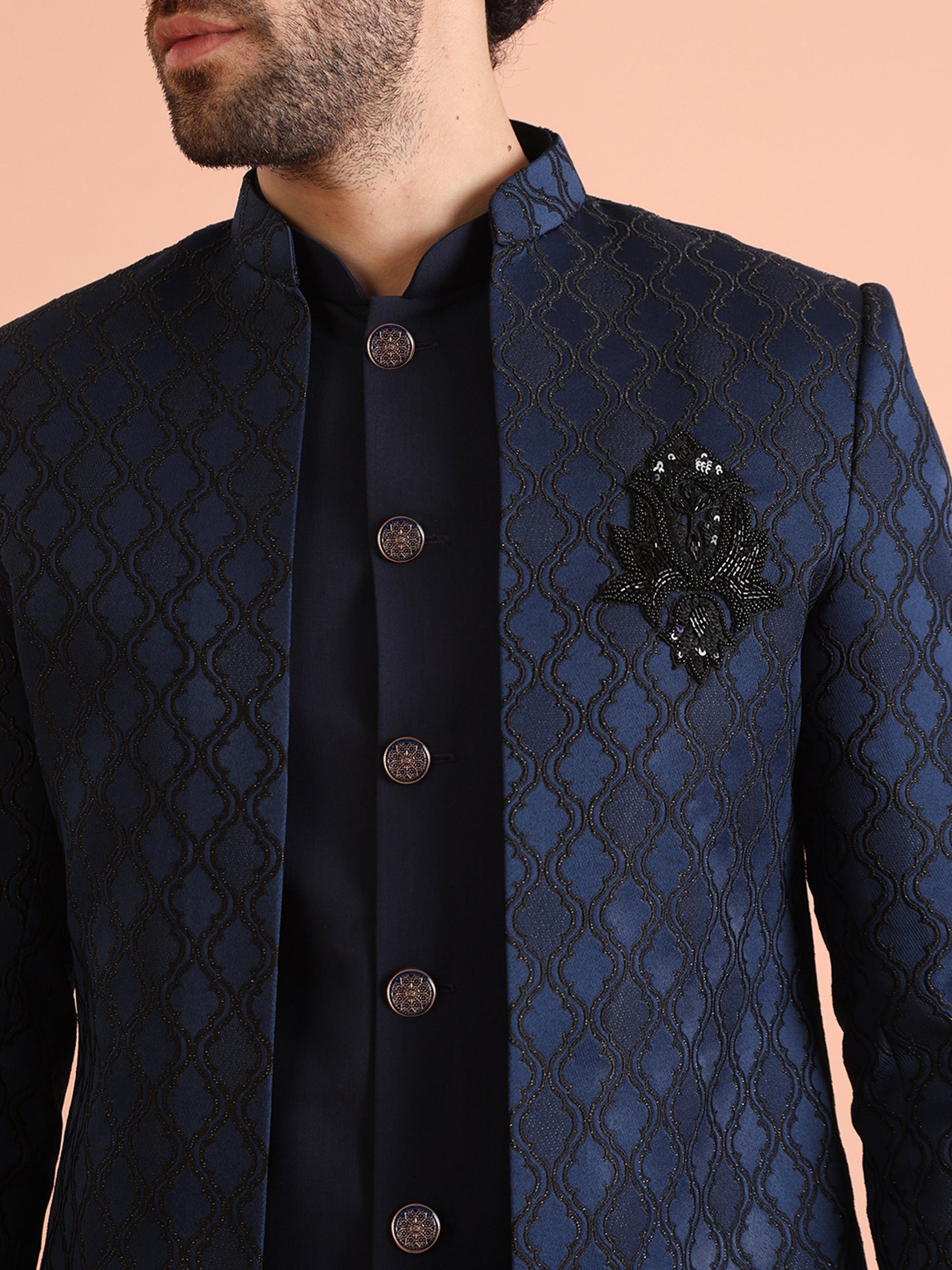 Kisah Men's Navy Blue Ethnic Motifs Long Jacket with Indo-Western Trouser Set | Swadesiicart
