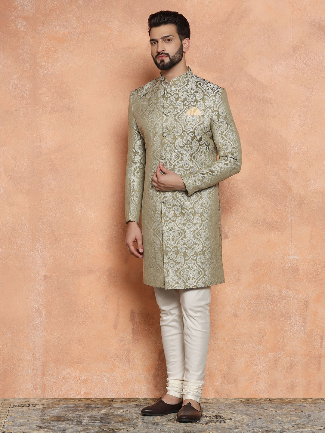 Kisah Men Olive Green Embroidered Indowestern Churidar Set | Swadesiicart