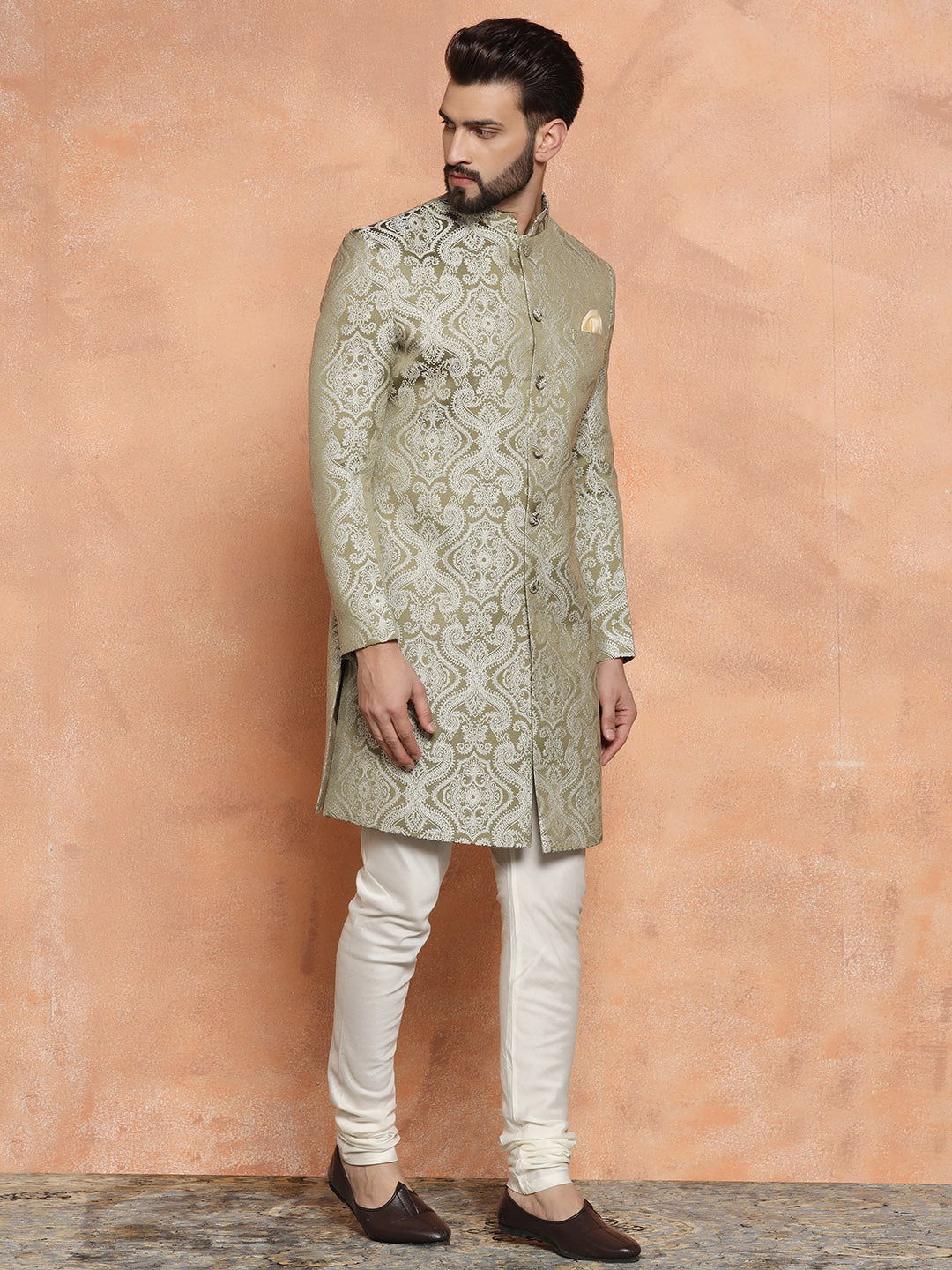 Kisah Men Olive Green Embroidered Indowestern Churidar Set | Swadesiicart