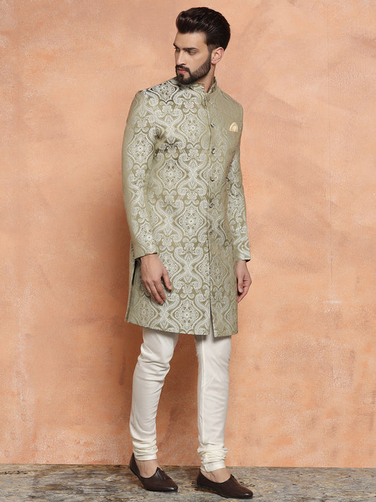 Kisah Men Olive Green Embroidered Indowestern Churidar Set | Swadesiicart
