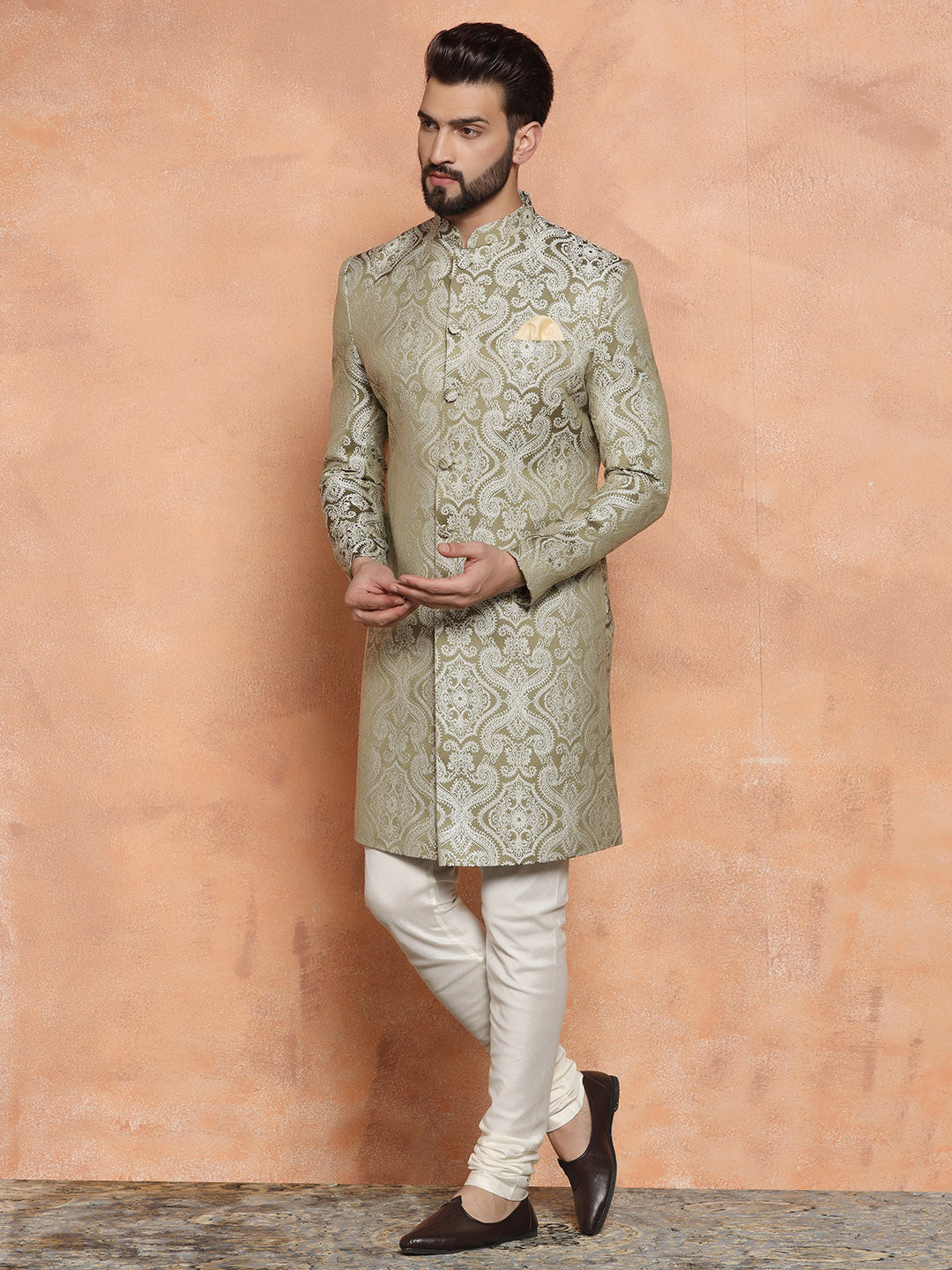 Kisah Men Olive Green Embroidered Indowestern Churidar Set | Swadesiicart