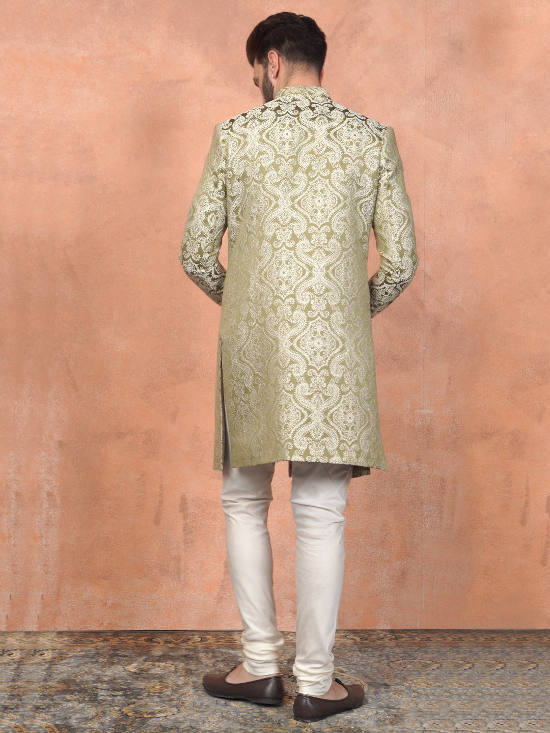 Kisah Men Olive Green Embroidered Indowestern Churidar Set | Swadesiicart