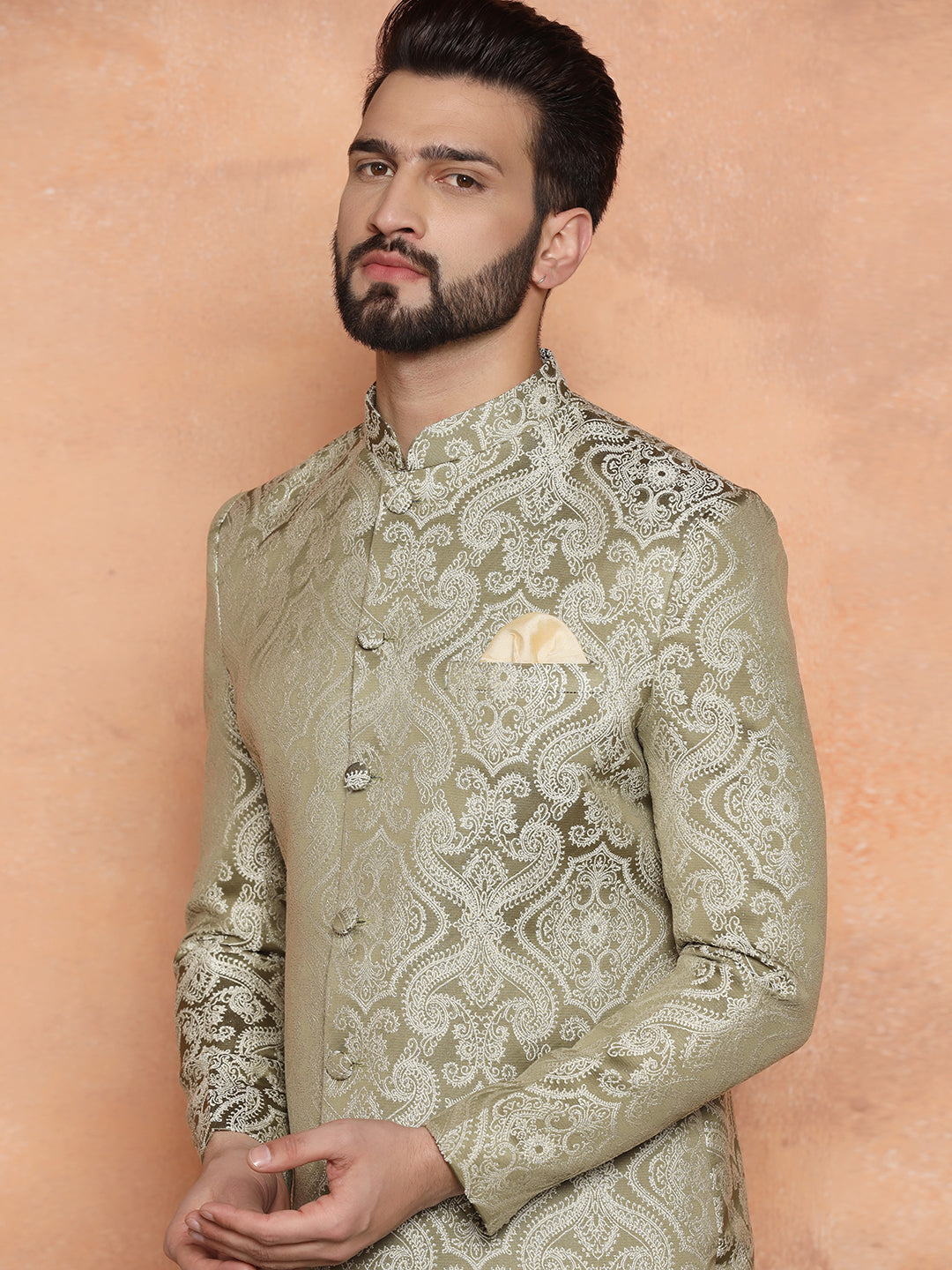 Kisah Men Olive Green Embroidered Indowestern Churidar Set | Swadesiicart
