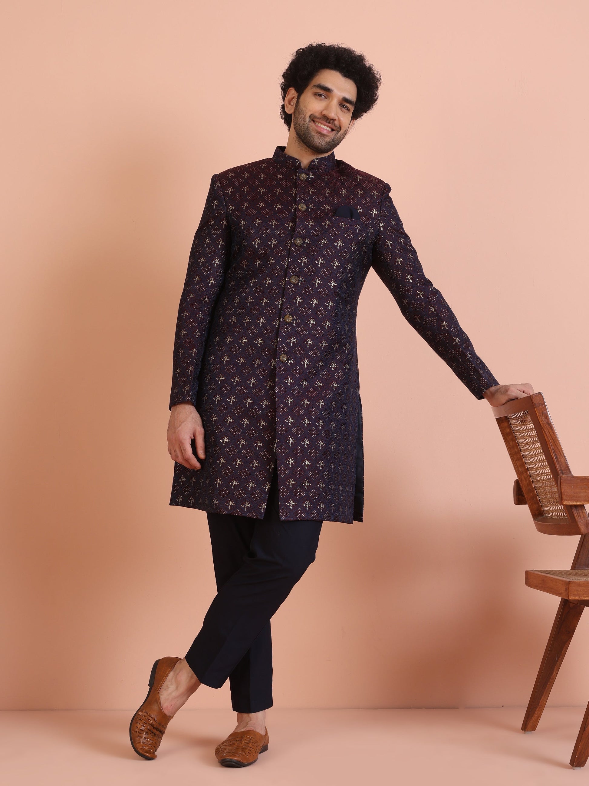 Kisah Men Purple & Wine Textured Indowestern Trouser Set | Swadesiicart