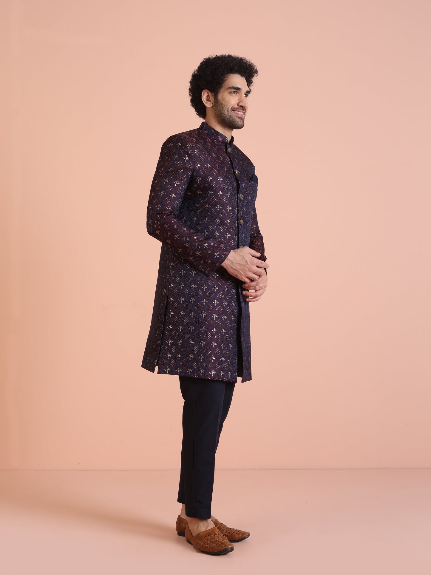 Kisah Men Purple & Wine Textured Indowestern Trouser Set | Swadesiicart