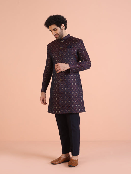 Kisah Men Purple & Wine Textured Indowestern Trouser Set | Swadesiicart