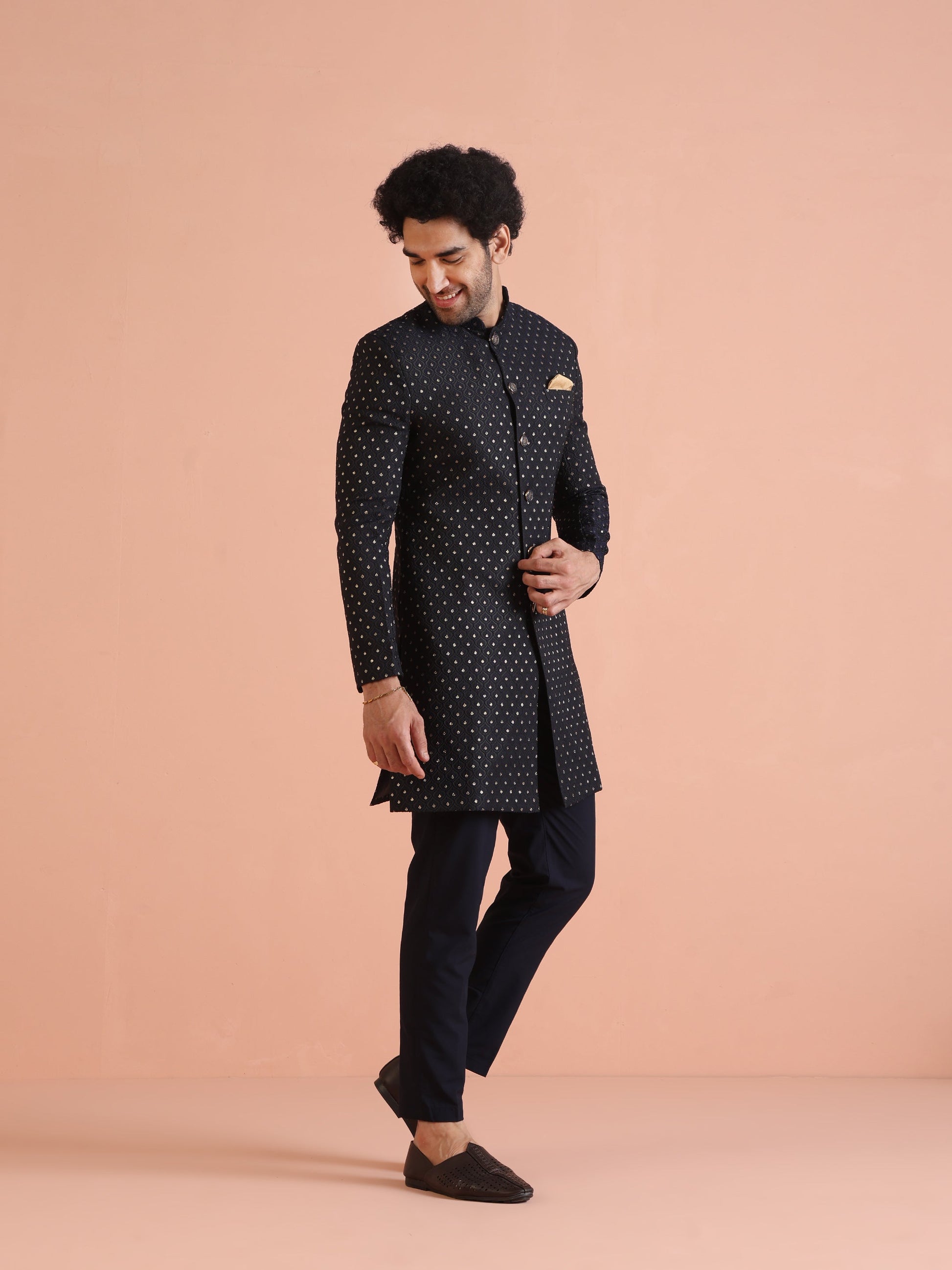 Kisah Men Navy Blue Embellished Indowestern Trouser Set | Swadesiicart