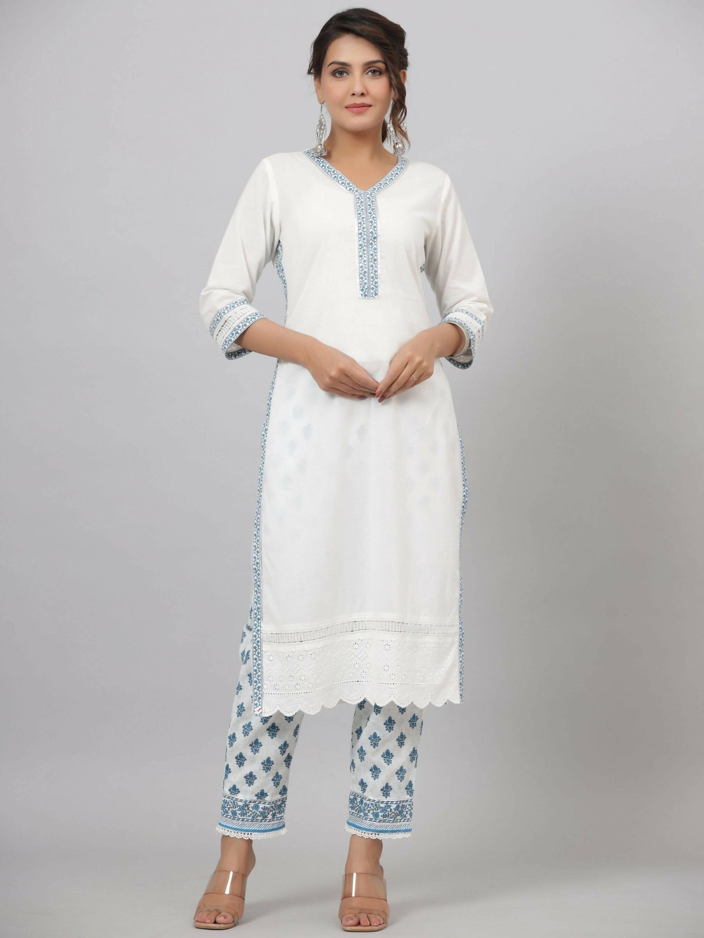 Juniper Women's White Cotton Cambric Solid Kurta Floral Printed Pant & Dupatta Set | Swadesiicart