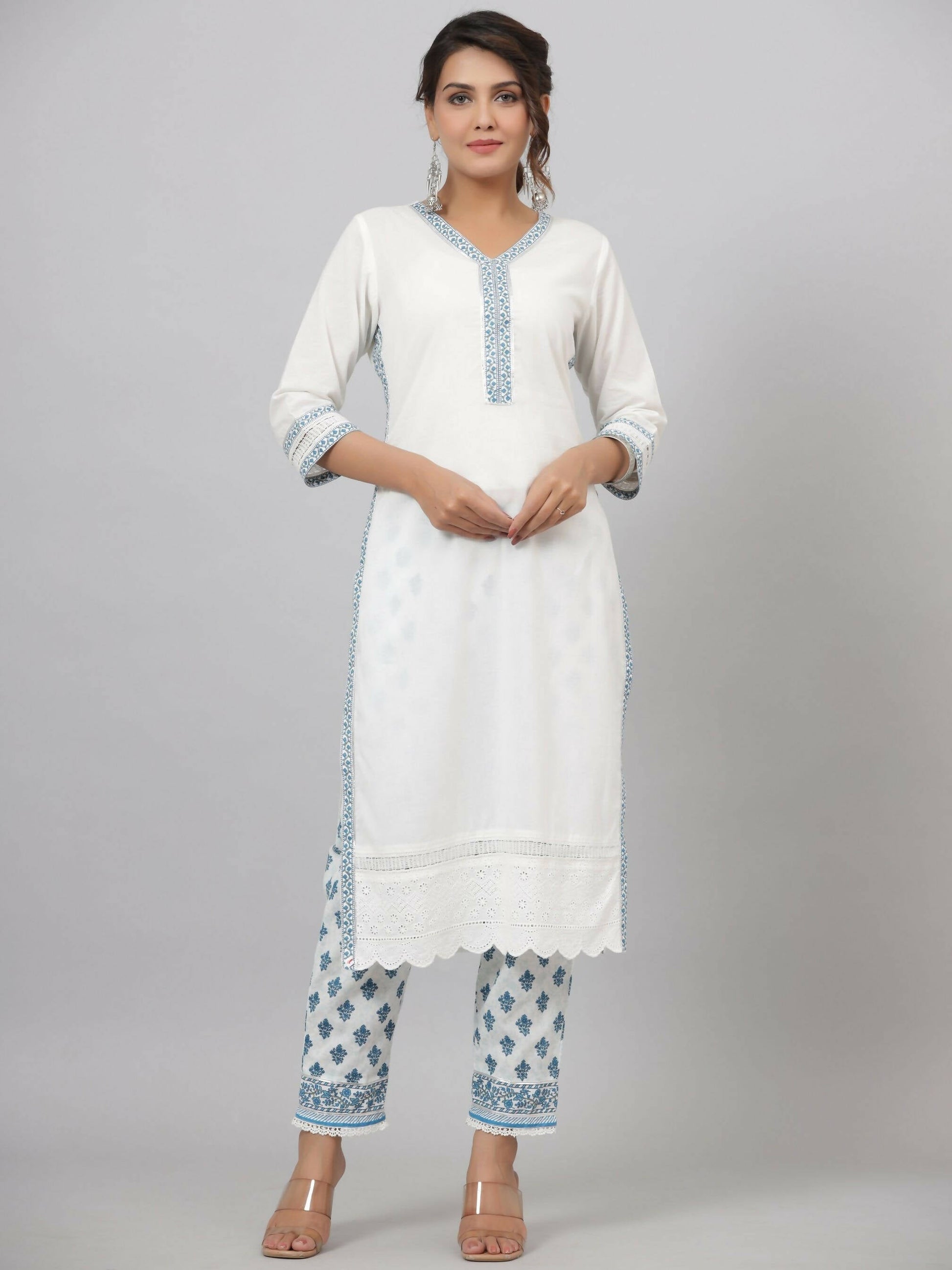 Juniper Women's White Cotton Cambric Solid Kurta Floral Printed Pant & Dupatta Set | Swadesiicart