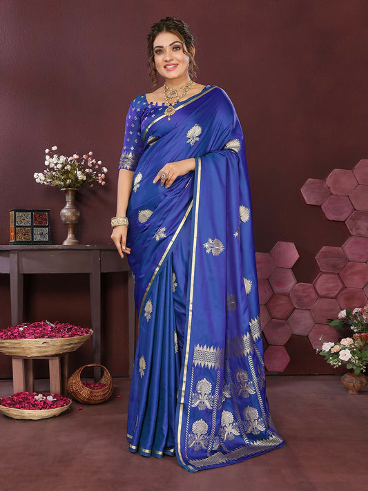 Joban Fashion Royal blue Floral Motifs Banarasi Silk Sarees | Swadesiicart