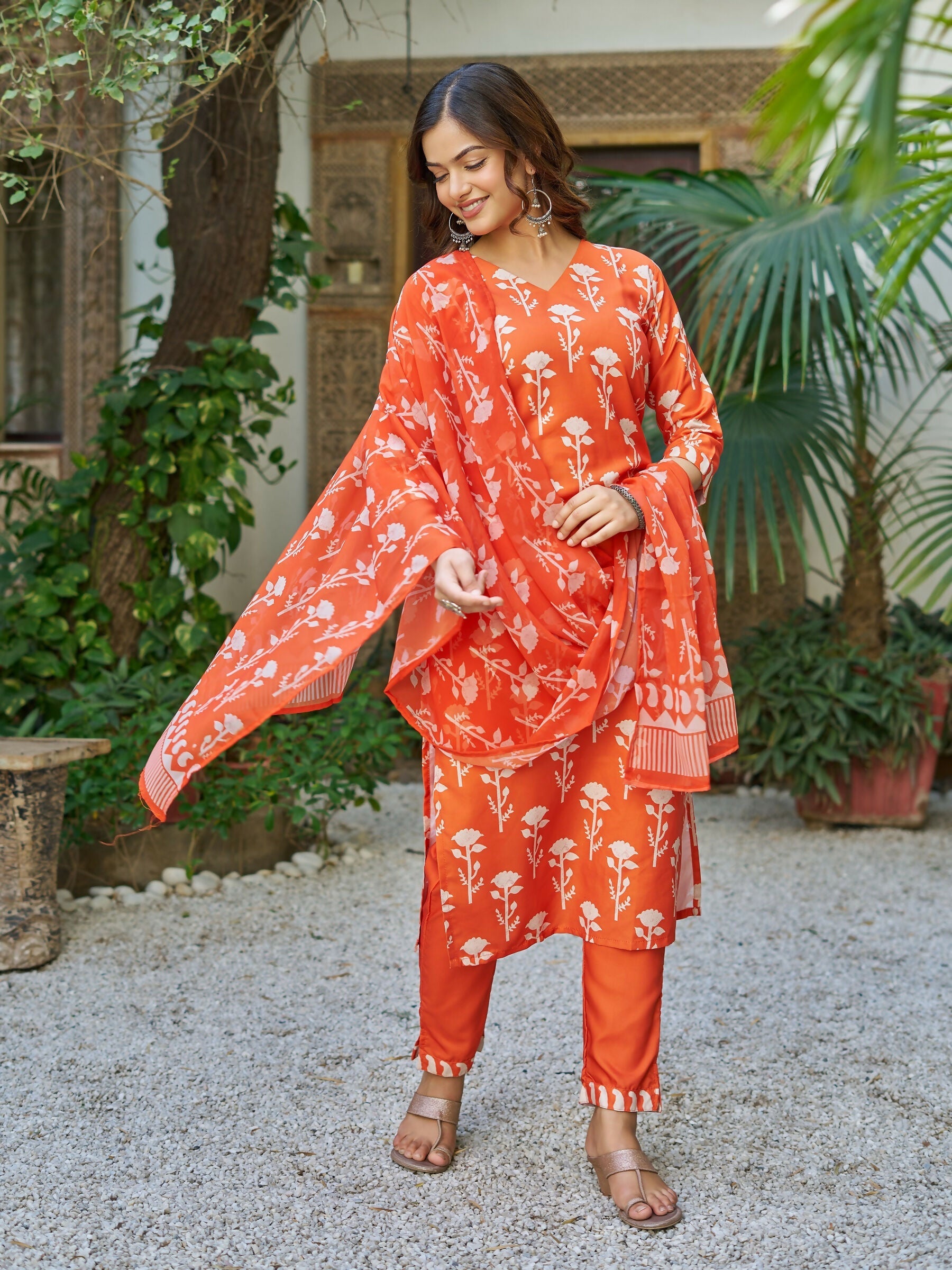 The52 Orange Women's Beautiful Cotton Blend Fabric Printed Work Straight Kurta, Pant and Dupatta Set - Swadesiicart