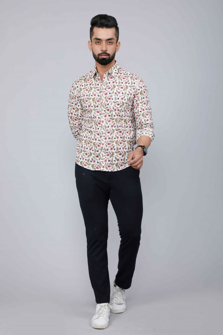 Miravan Men's Cotton Printed Full Sleeve Slim Fit Spread Neck White & Pink Colour Shirt | Swadesiicart