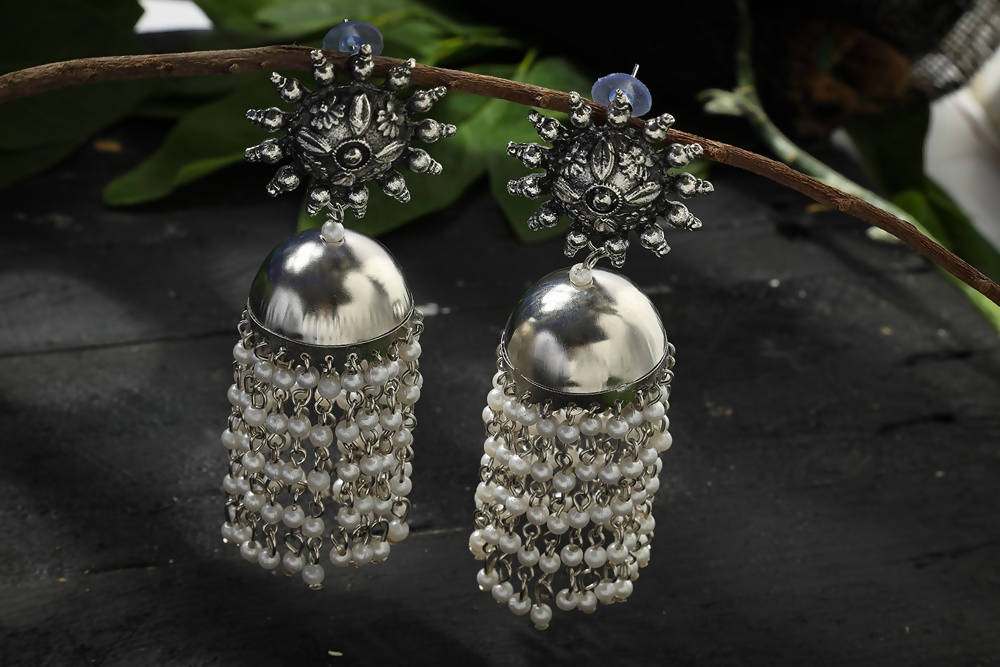 Mominos Fashion Johar Kamal Silver-Plated Earrings With Pearls Jhumkas - Swadesiicart