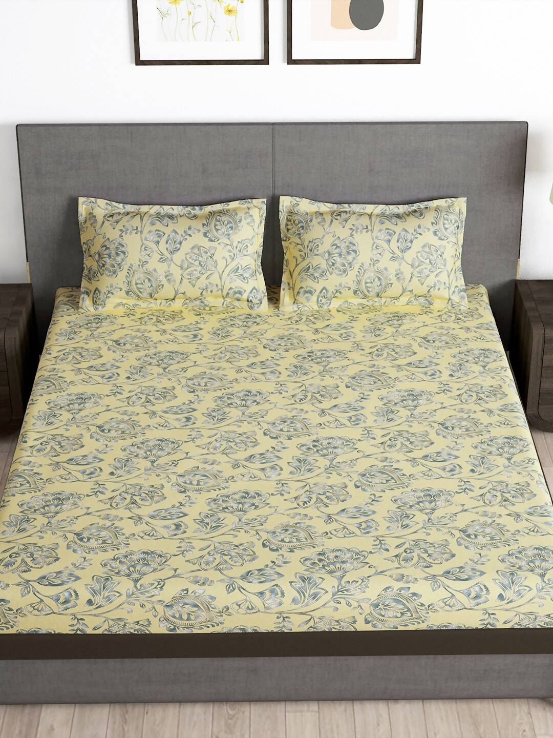 Story@home Cream-Coloured & Grey Floral Microfiber 180 TC Bedsheet & Pillow Cover - Swadesiicart