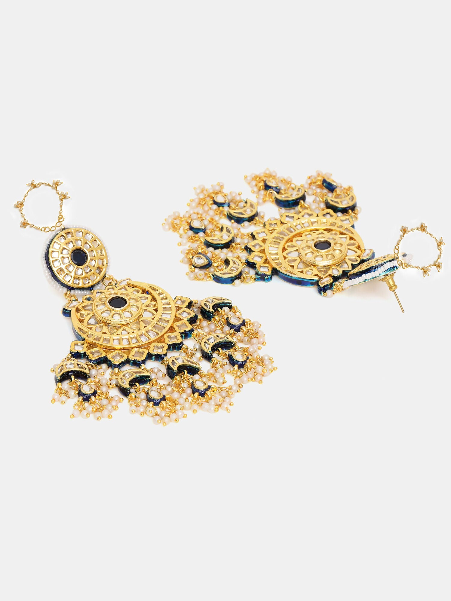 Ruby Raang 22k Gold Polished Kundan Chand Earrings With Ear Chains | Swadesiicart