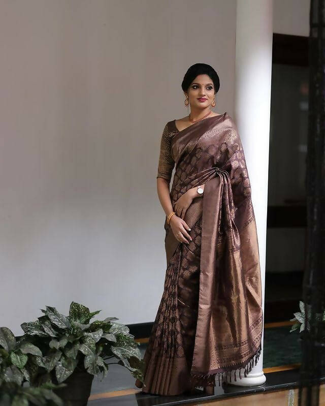 DEIANA'S Beautiful Designer Golden zari Soft Lichi Silk Saree - Brown - Swadesiicart