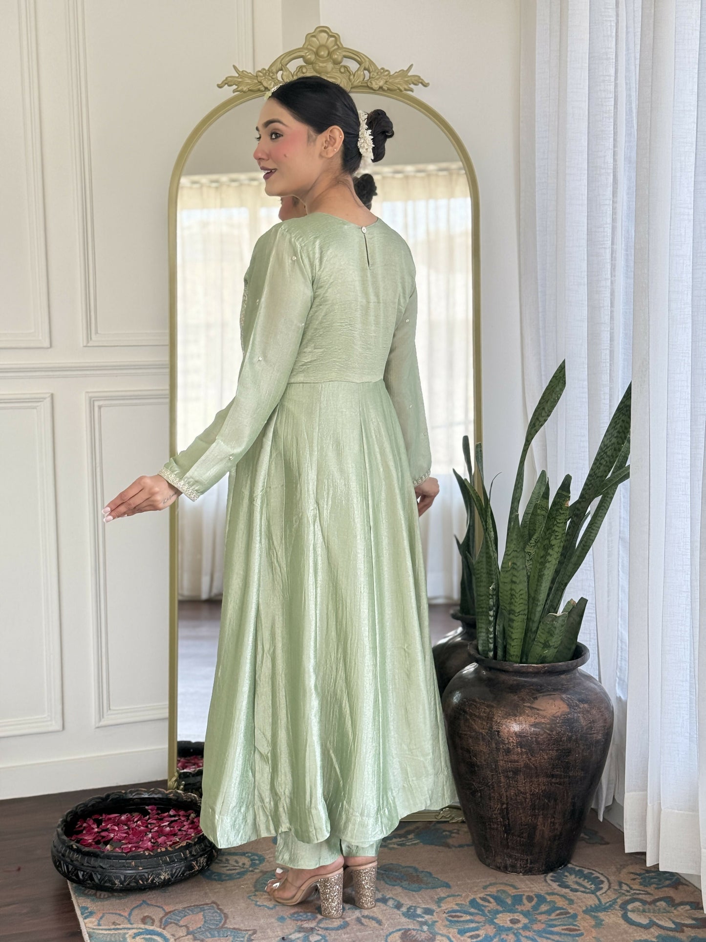 The52 Pista Women's Gorgeous Embroidered Vichitra Silk Fabric Flared Kurta Pant with Dupatta Set - Swadesiicart