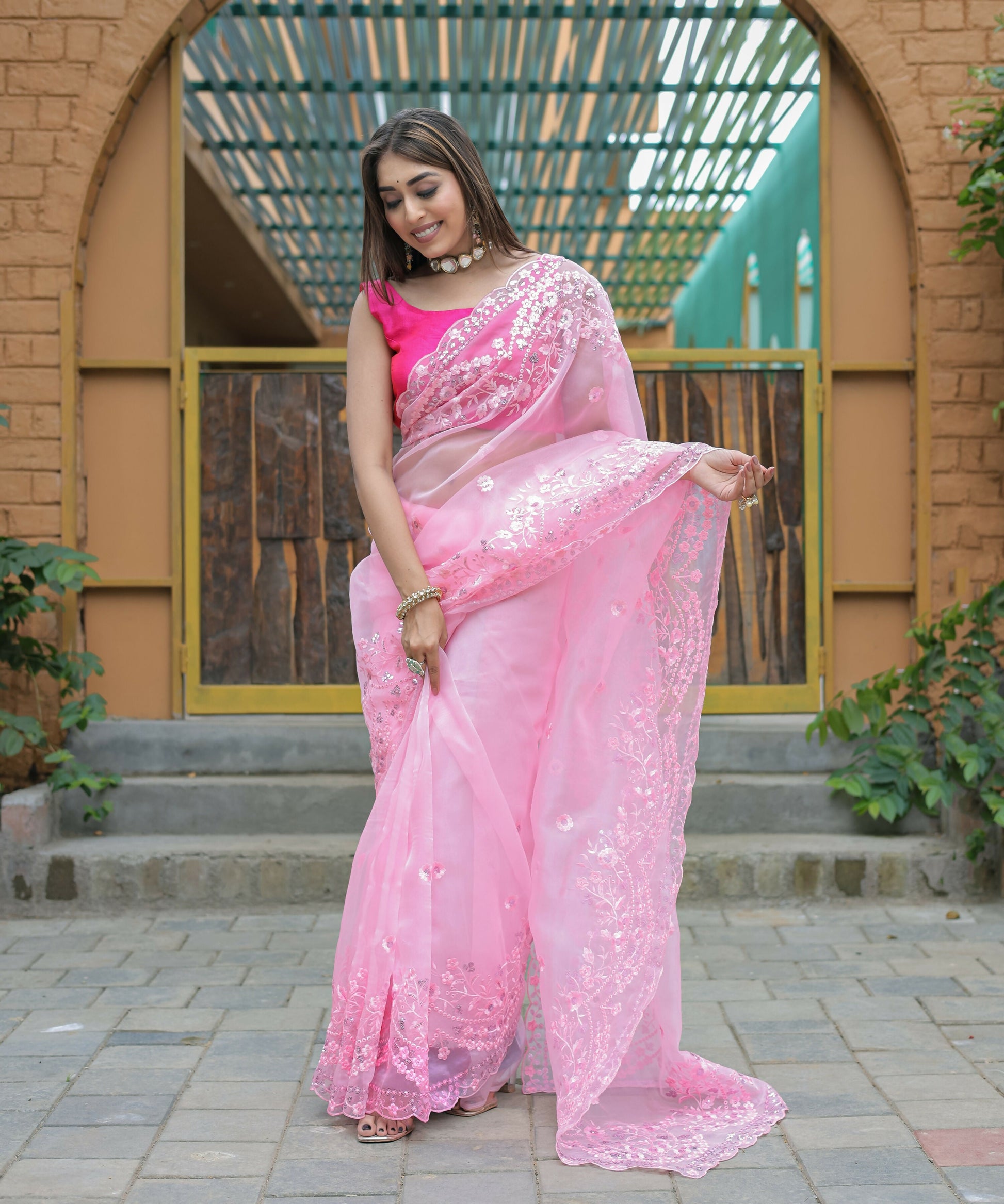 Vamsee Kiki Baby-Pink Organza Saree - Swadesiicart