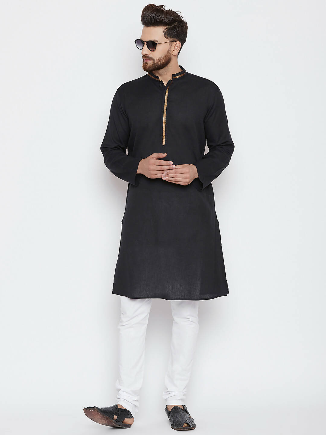 Even Apparels Black Color Pure Cotton Men's Kurta With Band Collar | Swadesiicart