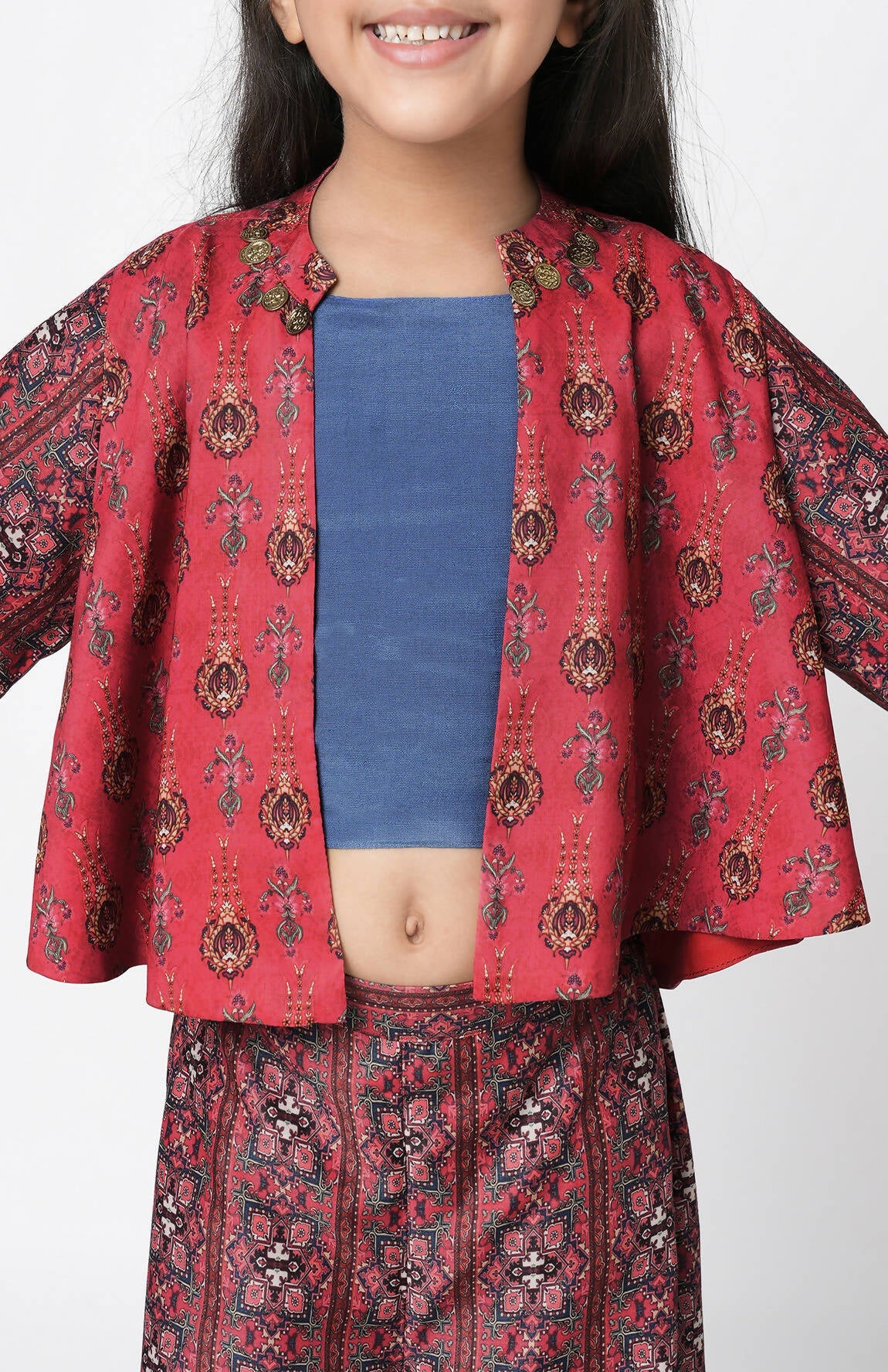 Lil Drama Ethnic Twist Girls Red Print Flared Palazzo With Top And Jacket Co-Ordinate Set - Swadesiicart