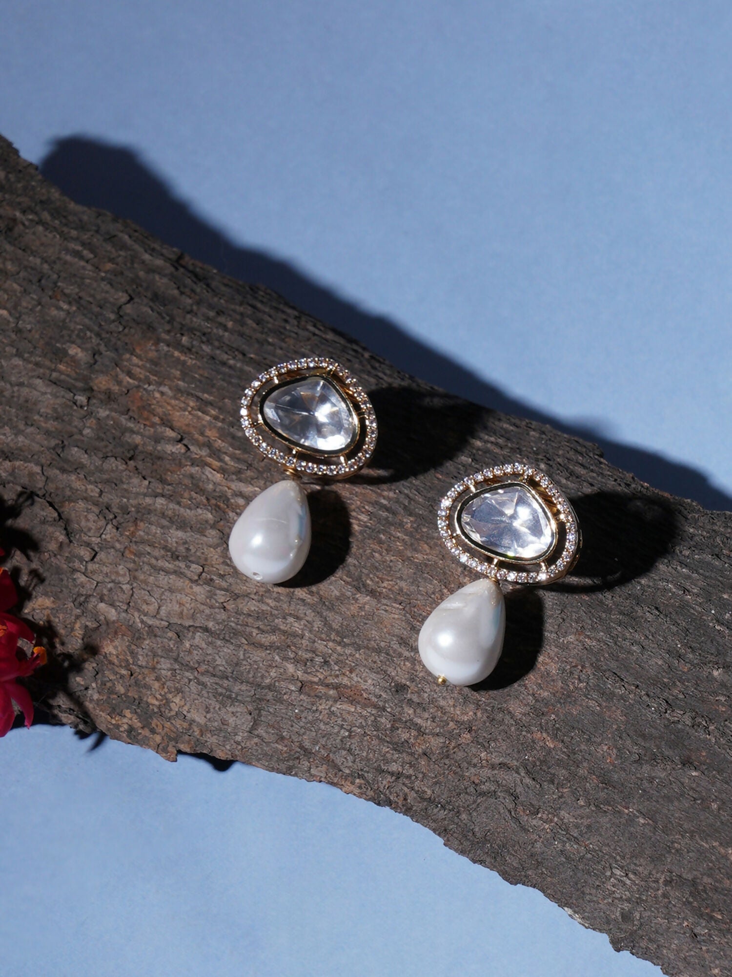 Kundan Studs with Pearl Drop (Gold) - Ruby Raang - Swadesiicart