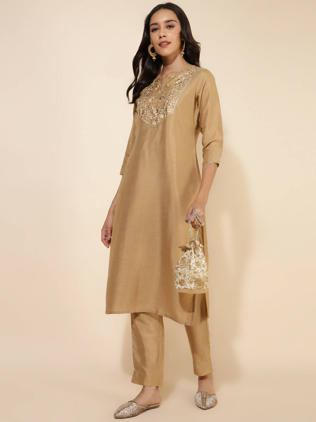 Janasya Women's Gold Crepe Silk Yoke Embroidery Festive Straight Kurta Set | Swadesiicart