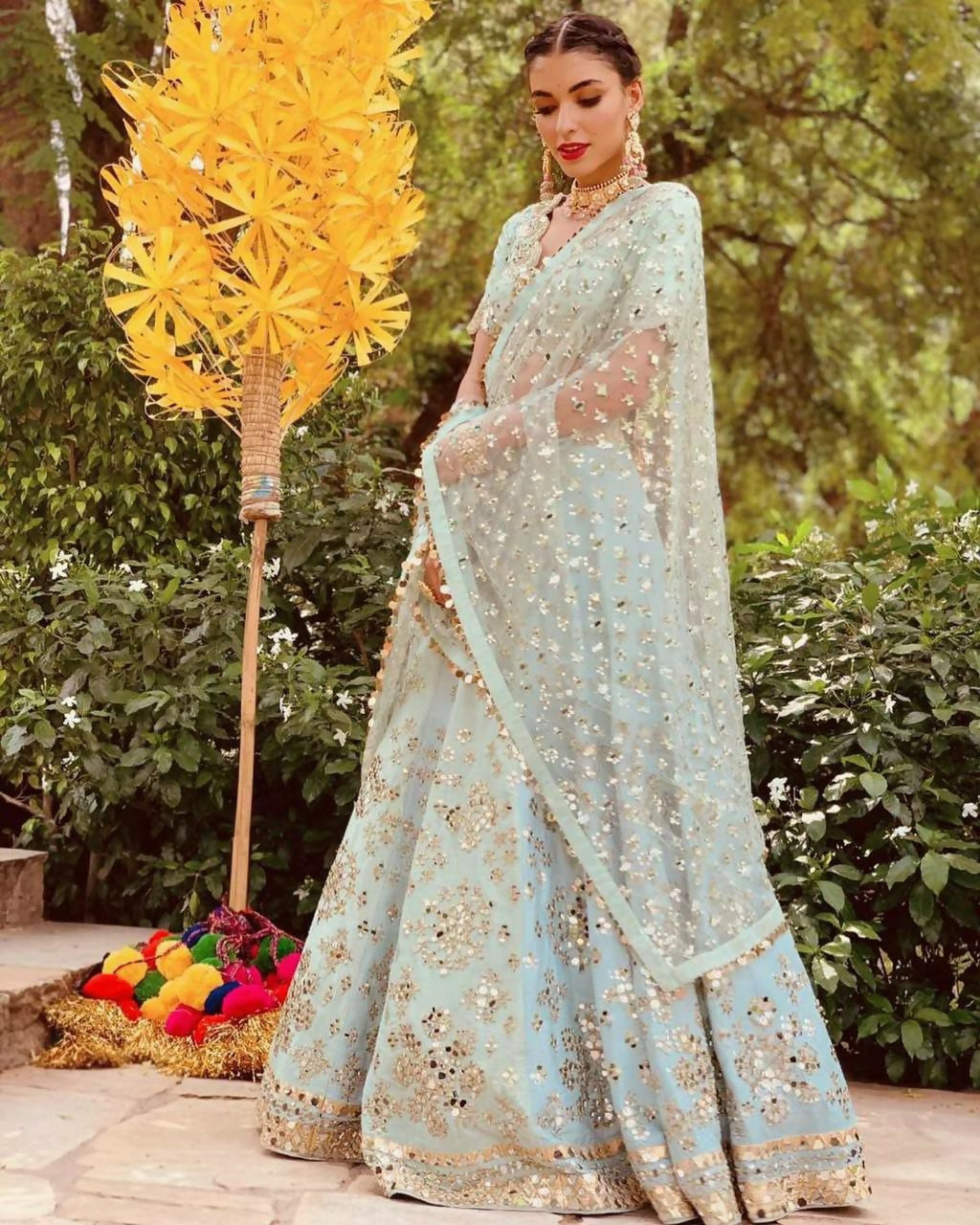 Jyoti Fashion Women's Sky Blue Mulberry Silk Paper Mirror with Zari Embroidered Designer Lehenga Choli Set | Swadesiicart