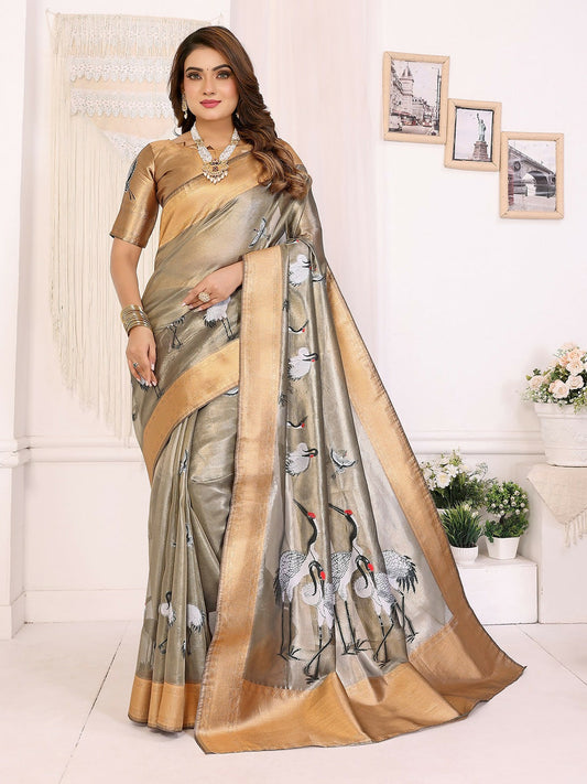 Joban Fashion Golden Cranes Patterns Banarasi Silk Sarees | Swadesiicart