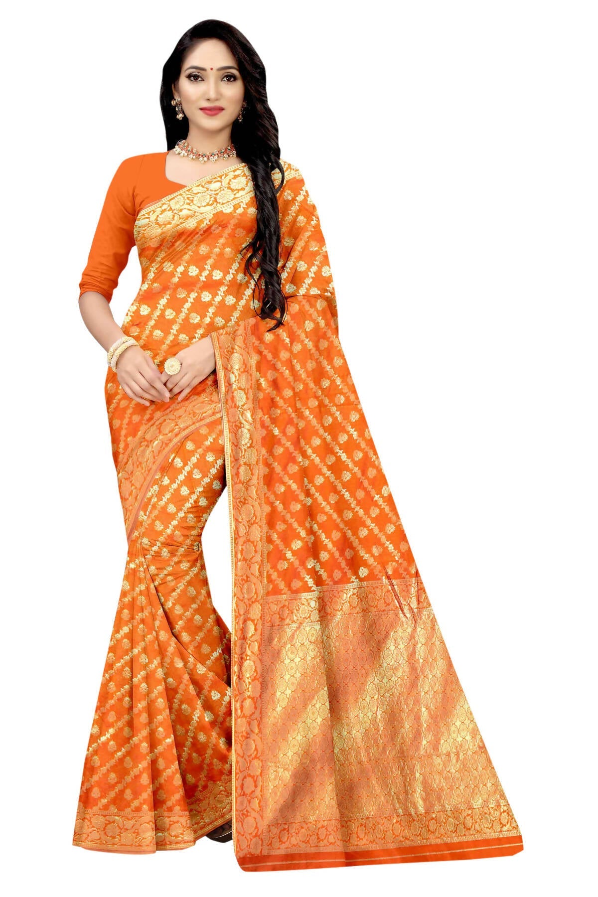 Vamika Orange Weaving Banarasi Jacquard Saree | Swadesiicart
