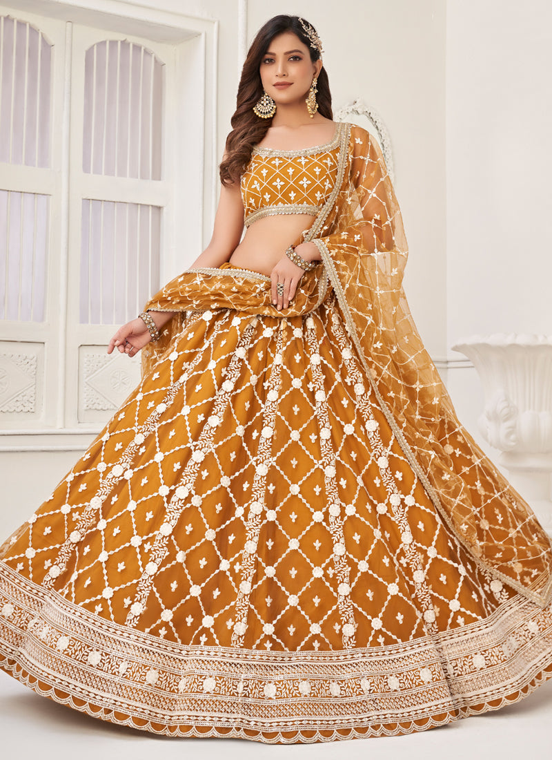 Vegaa Fashion Yellow Butterfly Net Embroidery Thread Designer Lehenga - Swadesiicart