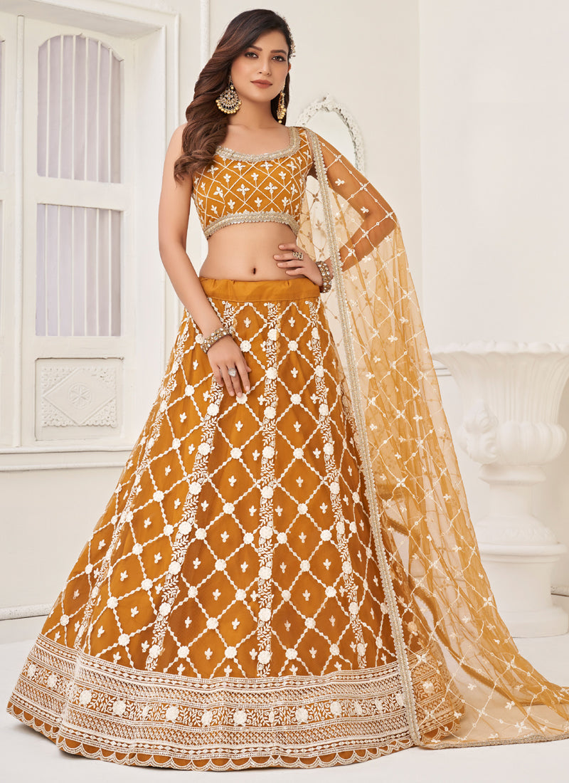 Vegaa Fashion Yellow Butterfly Net Embroidery Thread Designer Lehenga - Swadesiicart