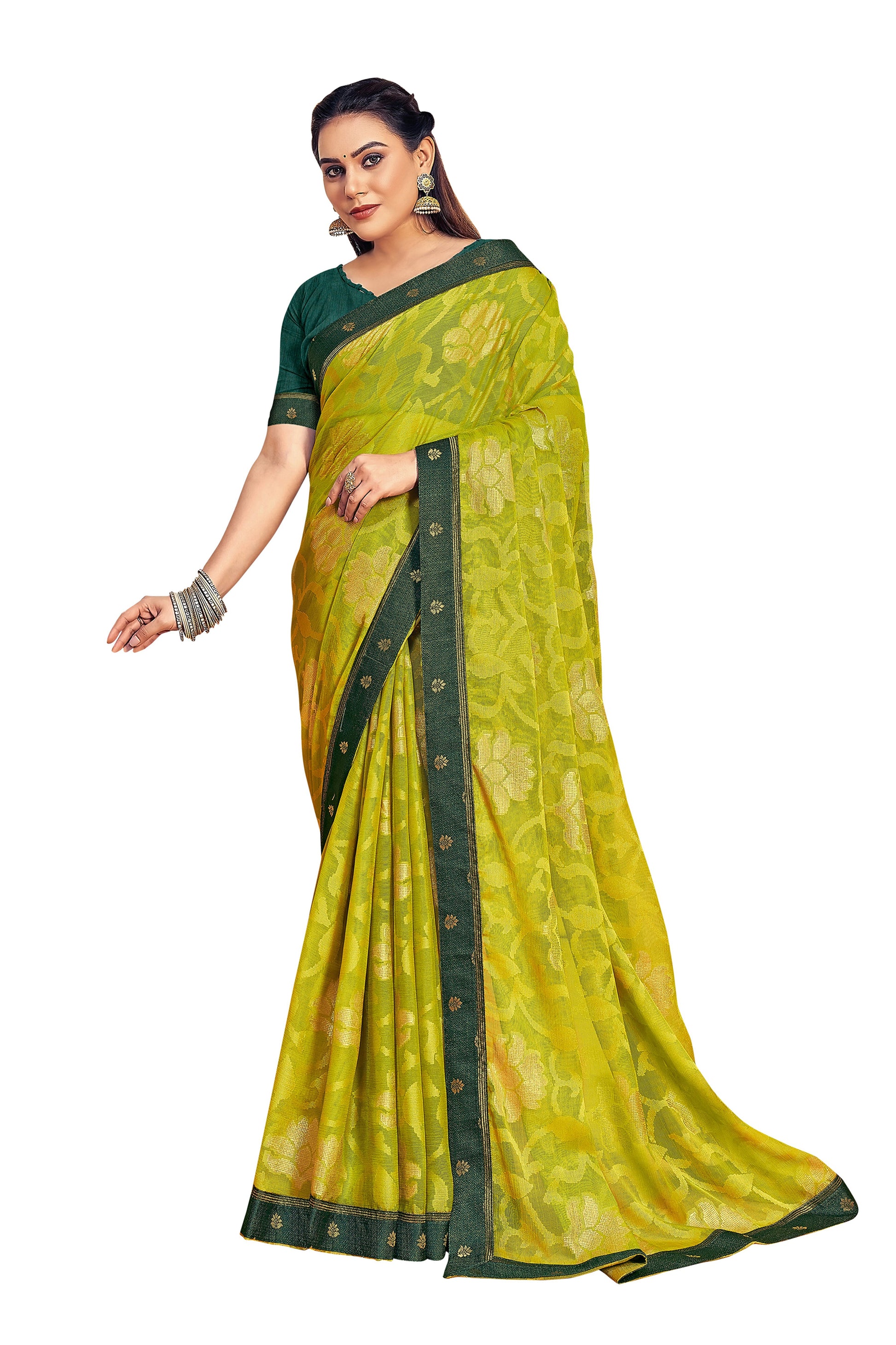 Vamika Light Green Designer Chiffon Brasso Saree With Exclusive Banarasi Lace | Swadesiicart