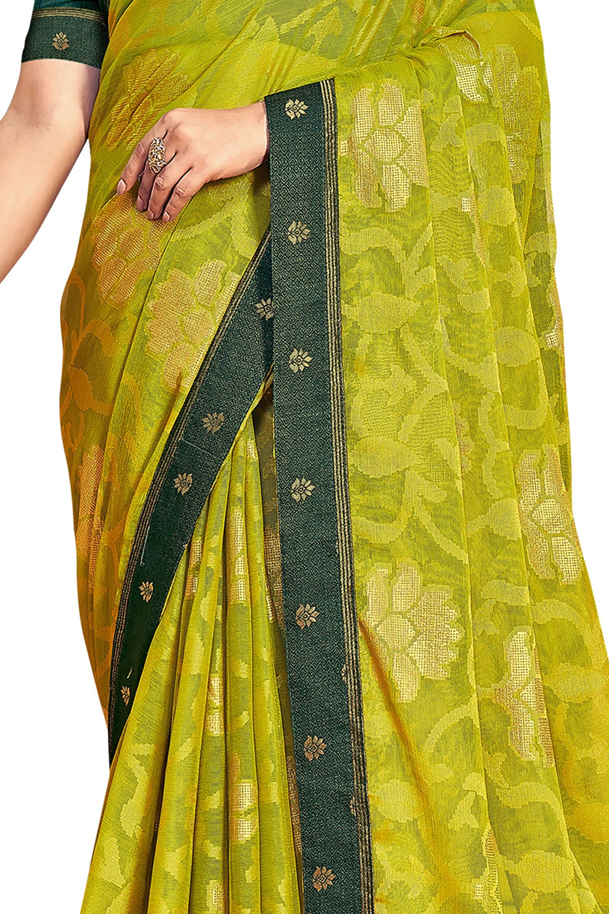 Vamika Light Green Designer Chiffon Brasso Saree With Exclusive Banarasi Lace | Swadesiicart