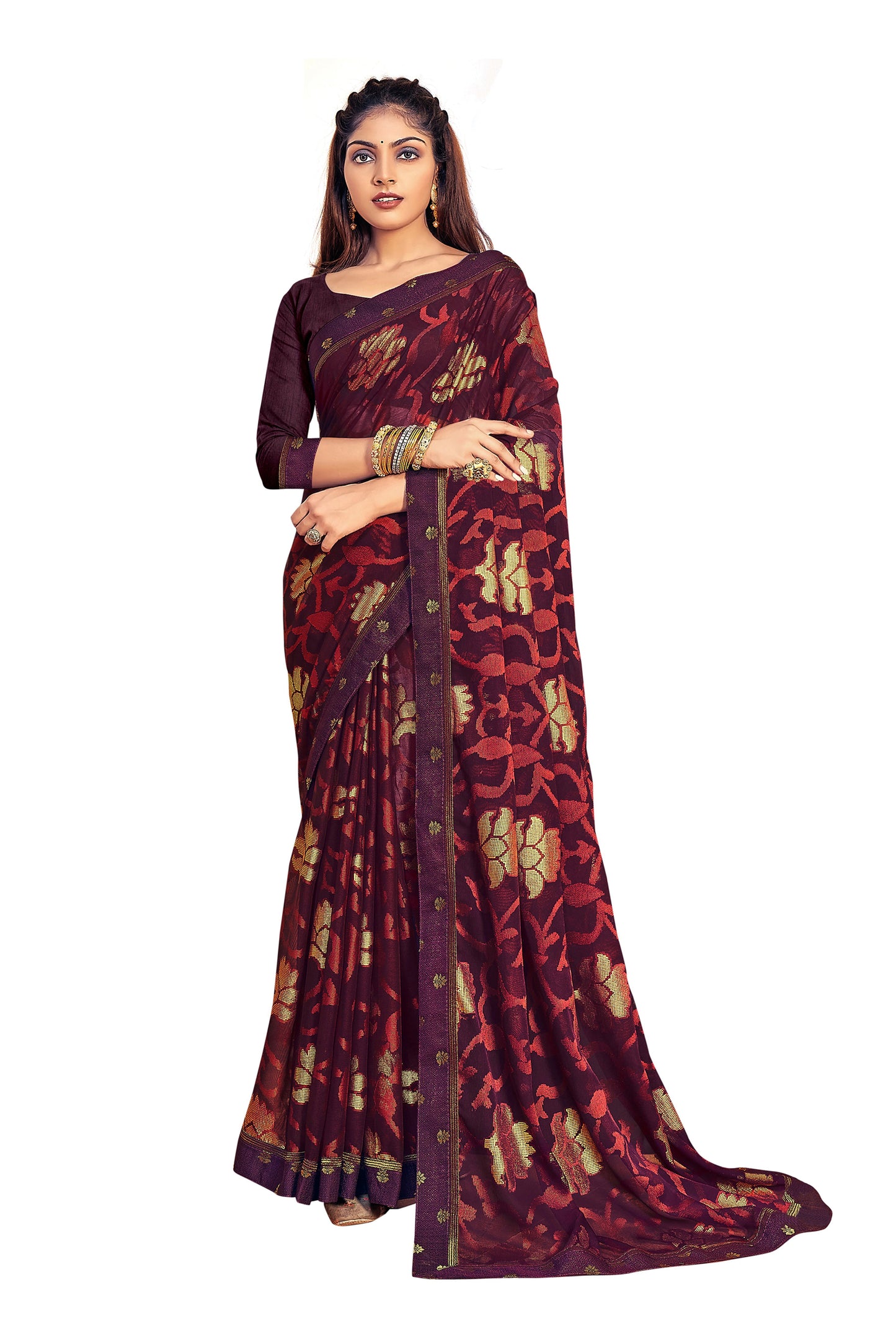 Vamika Whine Designer Chiffon Brasso Saree With Exclusive Banarasi Lace | Swadesiicart