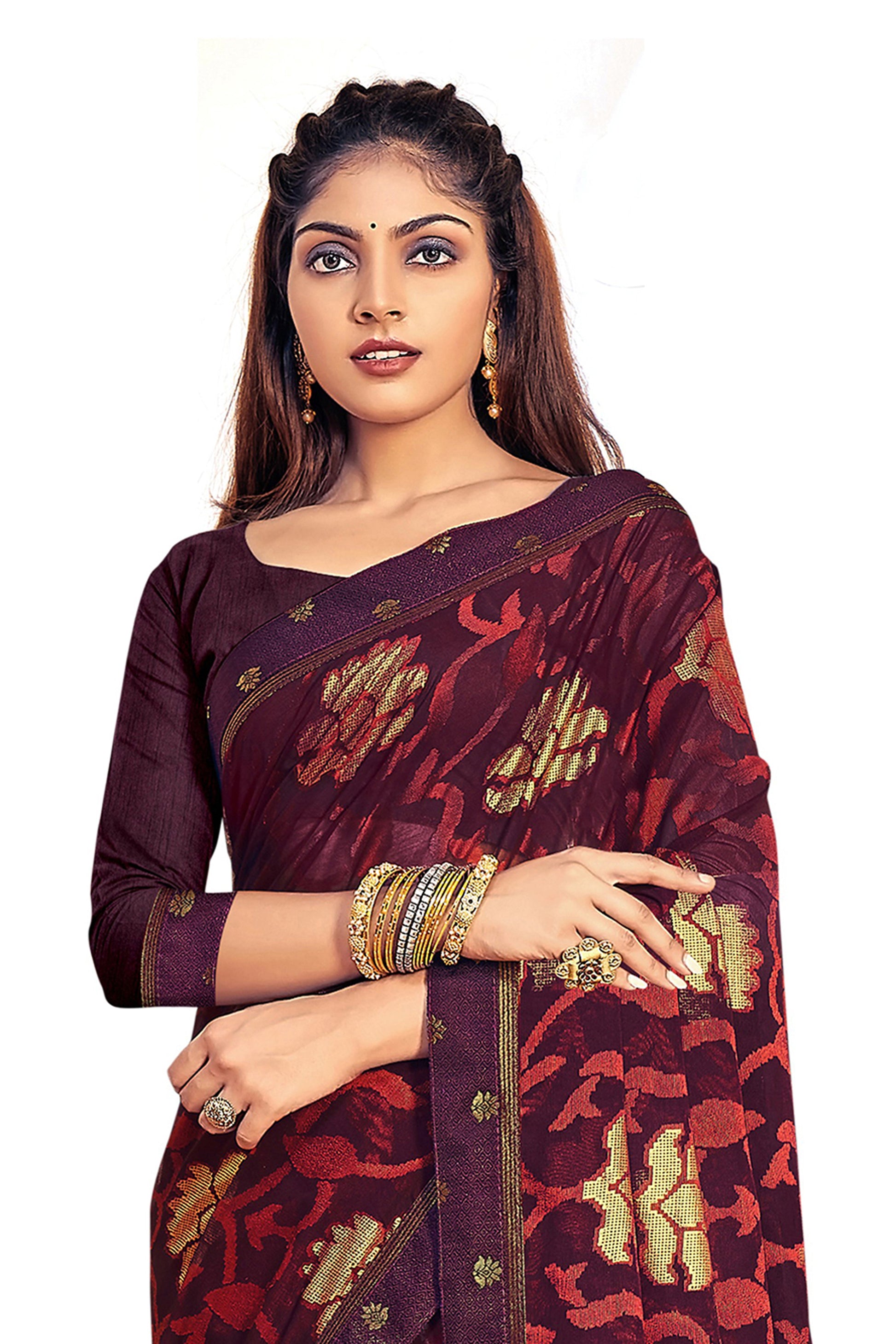 Vamika Whine Designer Chiffon Brasso Saree With Exclusive Banarasi Lace | Swadesiicart