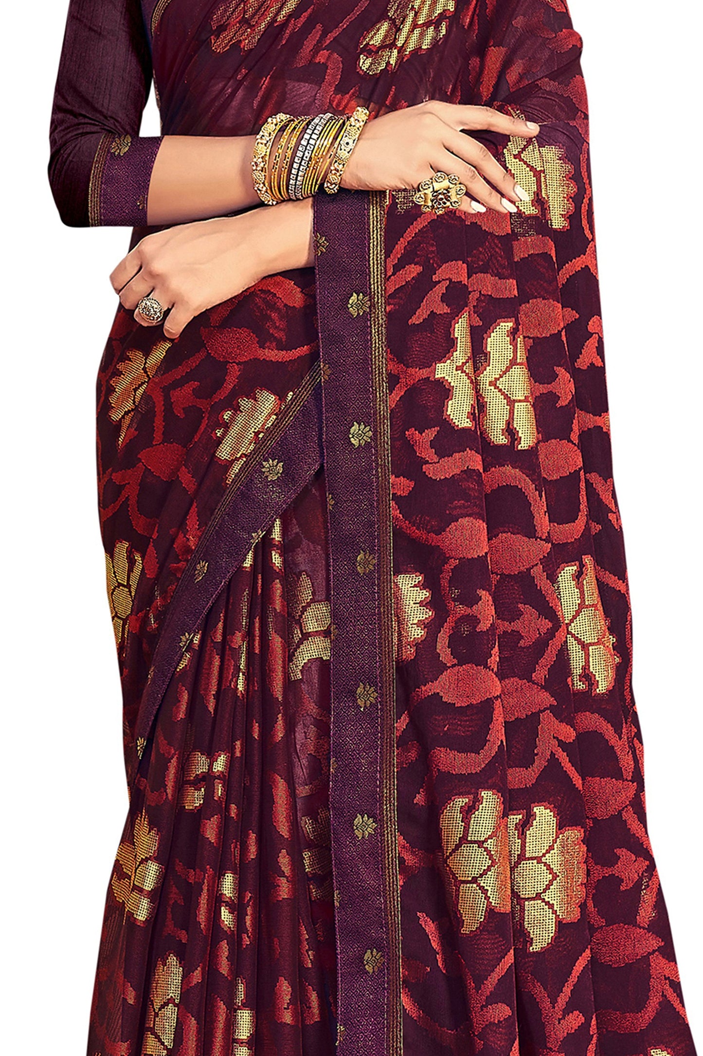 Vamika Whine Designer Chiffon Brasso Saree With Exclusive Banarasi Lace | Swadesiicart