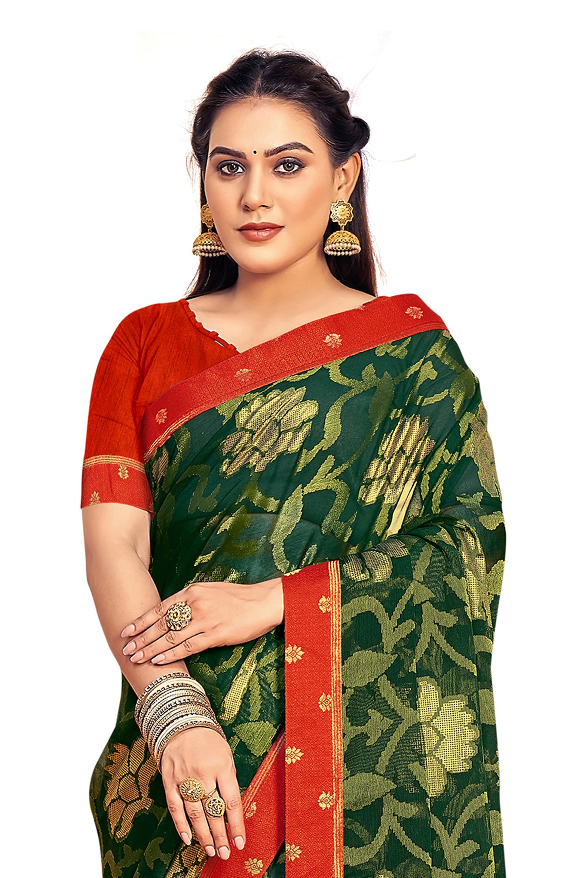 Vamika Dark Green Designer Chiffon Brasso Saree With Exclusive Banarasi Lace | Swadesiicart
