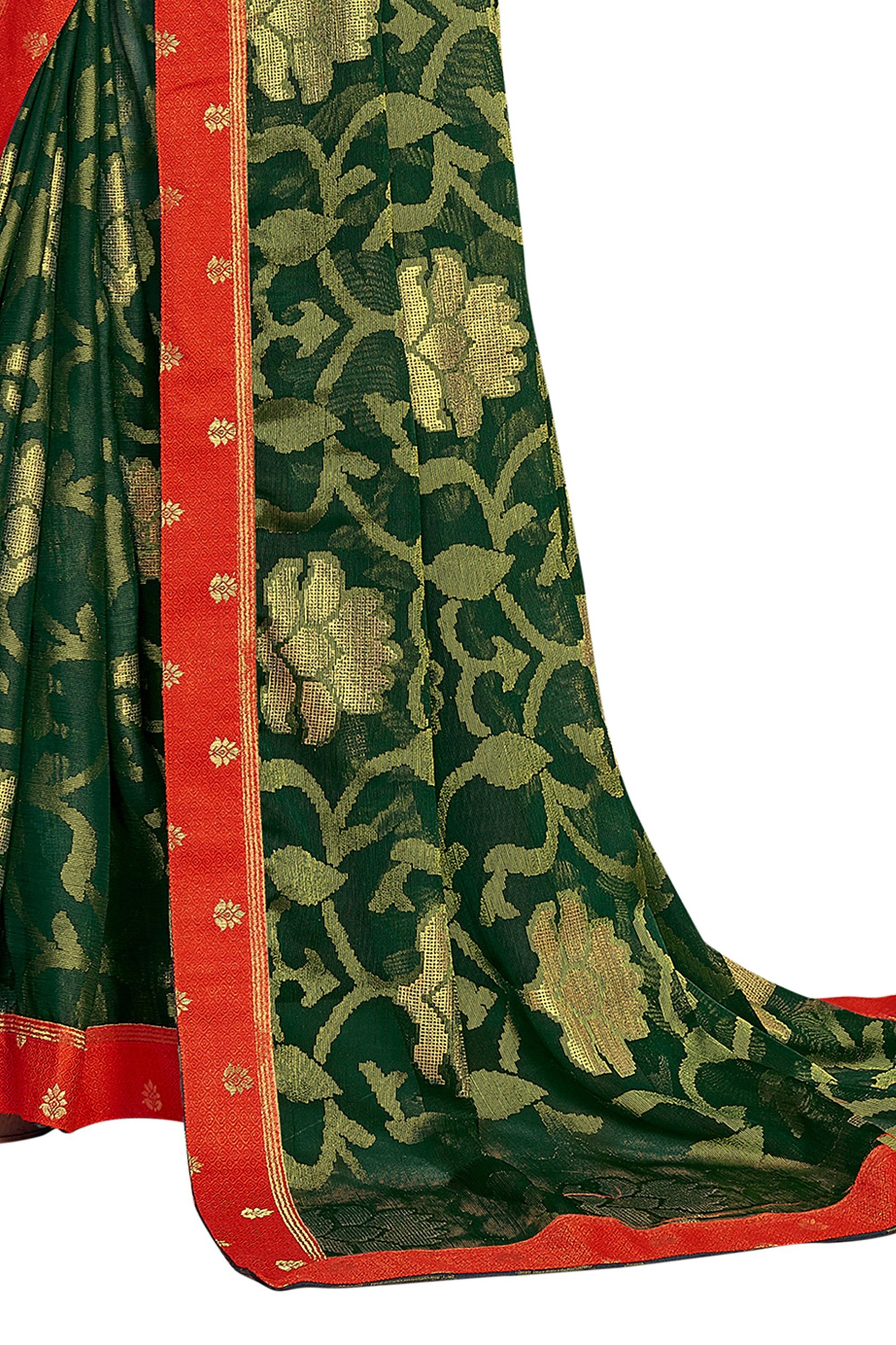 Vamika Dark Green Designer Chiffon Brasso Saree With Exclusive Banarasi Lace | Swadesiicart