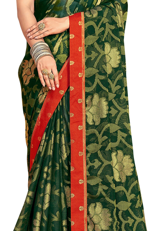 Vamika Dark Green Designer Chiffon Brasso Saree With Exclusive Banarasi Lace | Swadesiicart