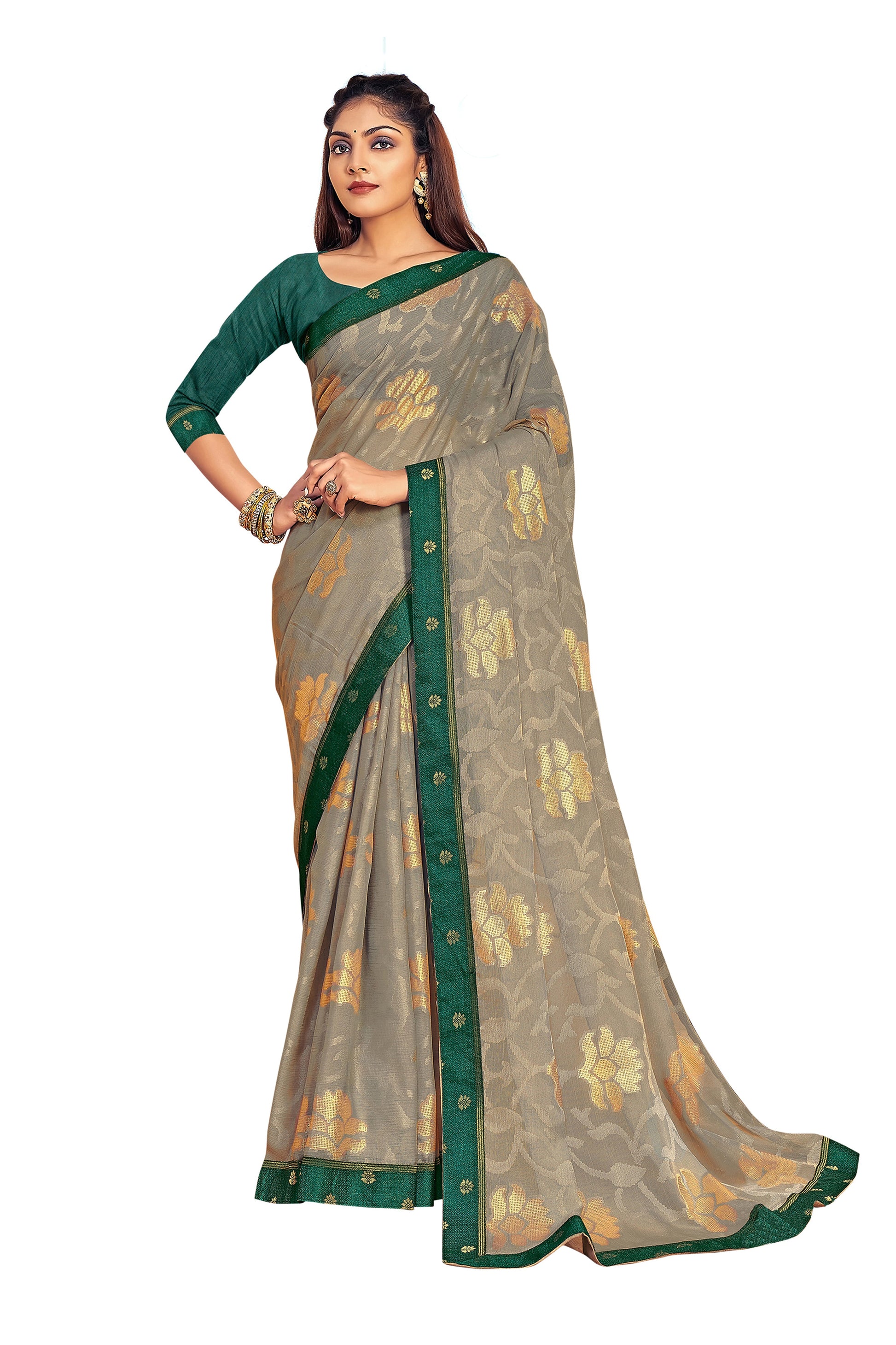 Vamika Grey Designer Chiffon Brasso Saree With Exclusive Banarasi Lace | Swadesiicart
