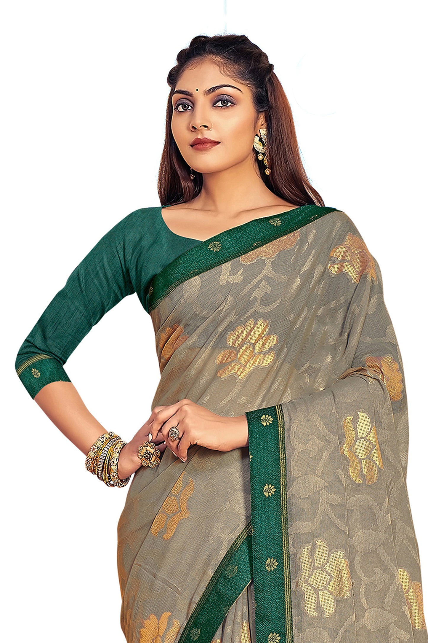 Vamika Grey Designer Chiffon Brasso Saree With Exclusive Banarasi Lace | Swadesiicart