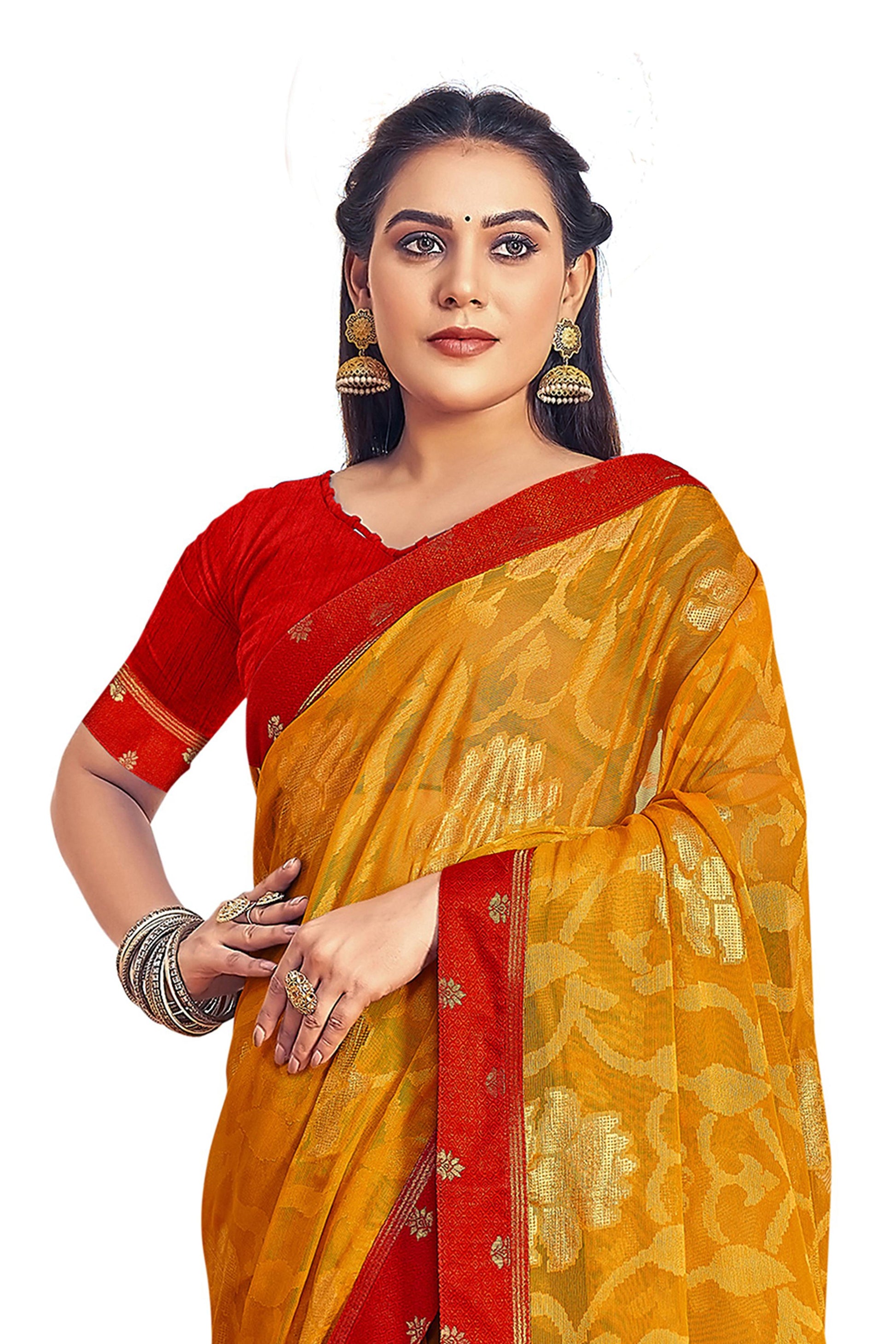 Vamika Yellow Designer Chiffon Brasso Saree With Exclusive Banarasi Lace | Swadesiicart