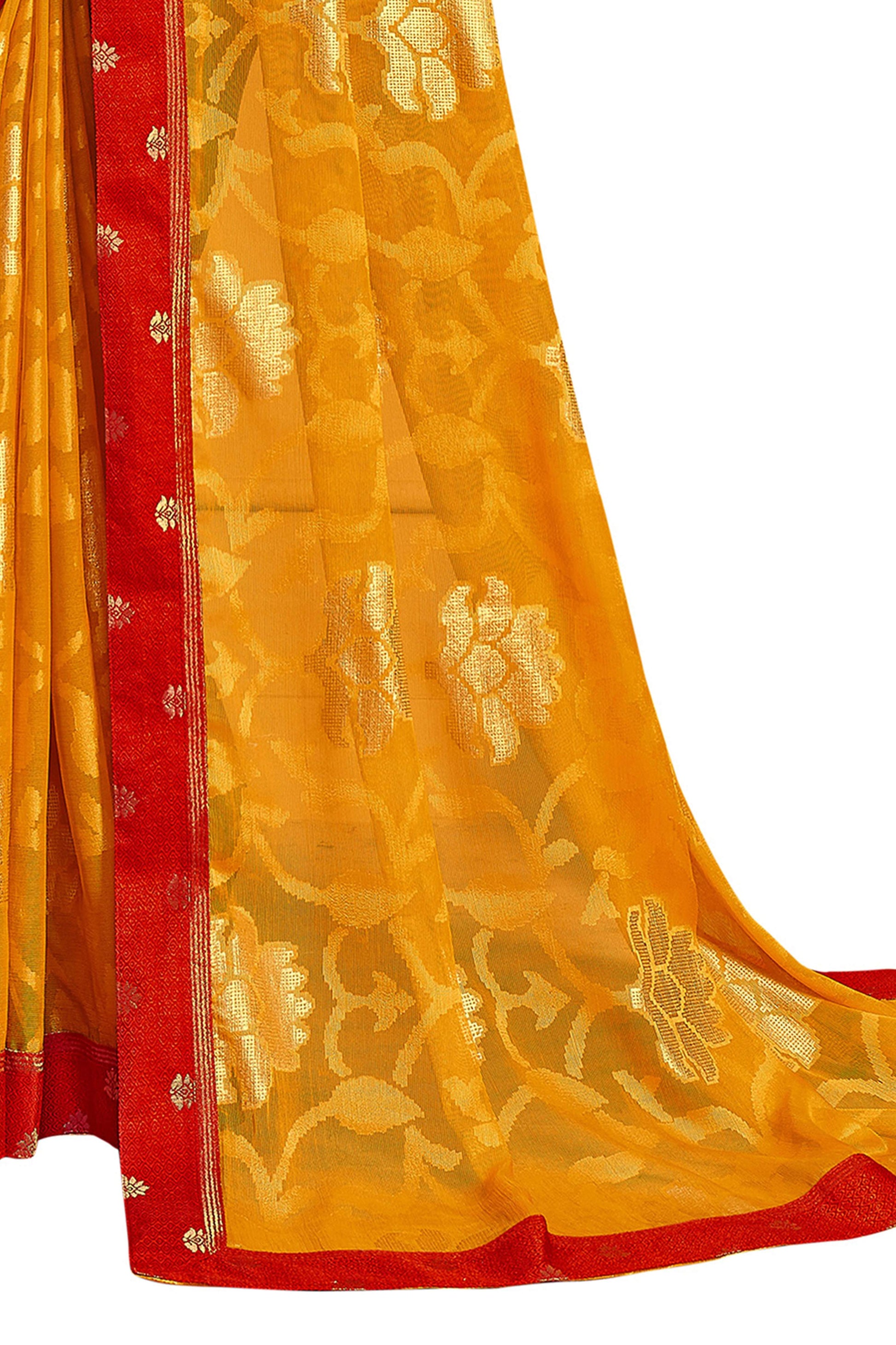 Vamika Yellow Designer Chiffon Brasso Saree With Exclusive Banarasi Lace | Swadesiicart
