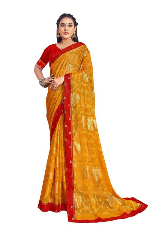 Vamika Yellow Designer Chiffon Brasso Saree With Exclusive Banarasi Lace | Swadesiicart