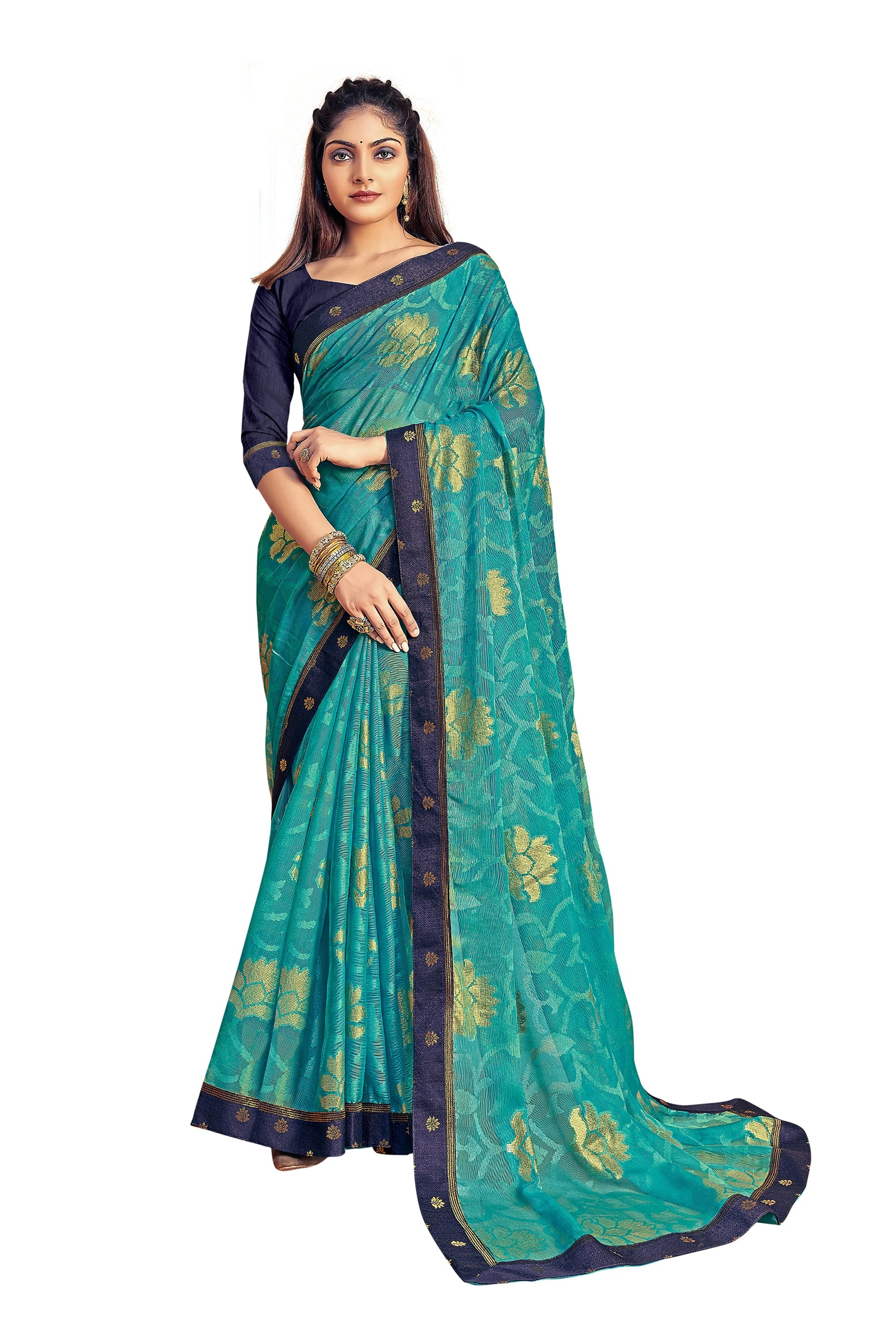 Vamika Rama Green Designer Chiffon Brasso Saree With Exclusive Banarasi Lace | Swadesiicart